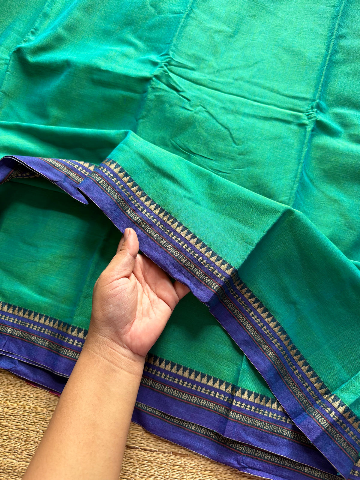 RF458 Turquoise green shade Mercerised Narayanpet cotton saree with contrast small thread border