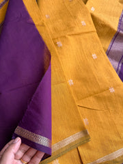 RF155 Mustard yellow body paired with a deep purple contrast border and pallu Maheswari Semi Silk Cotton Saree with star pattern Zari Buttas