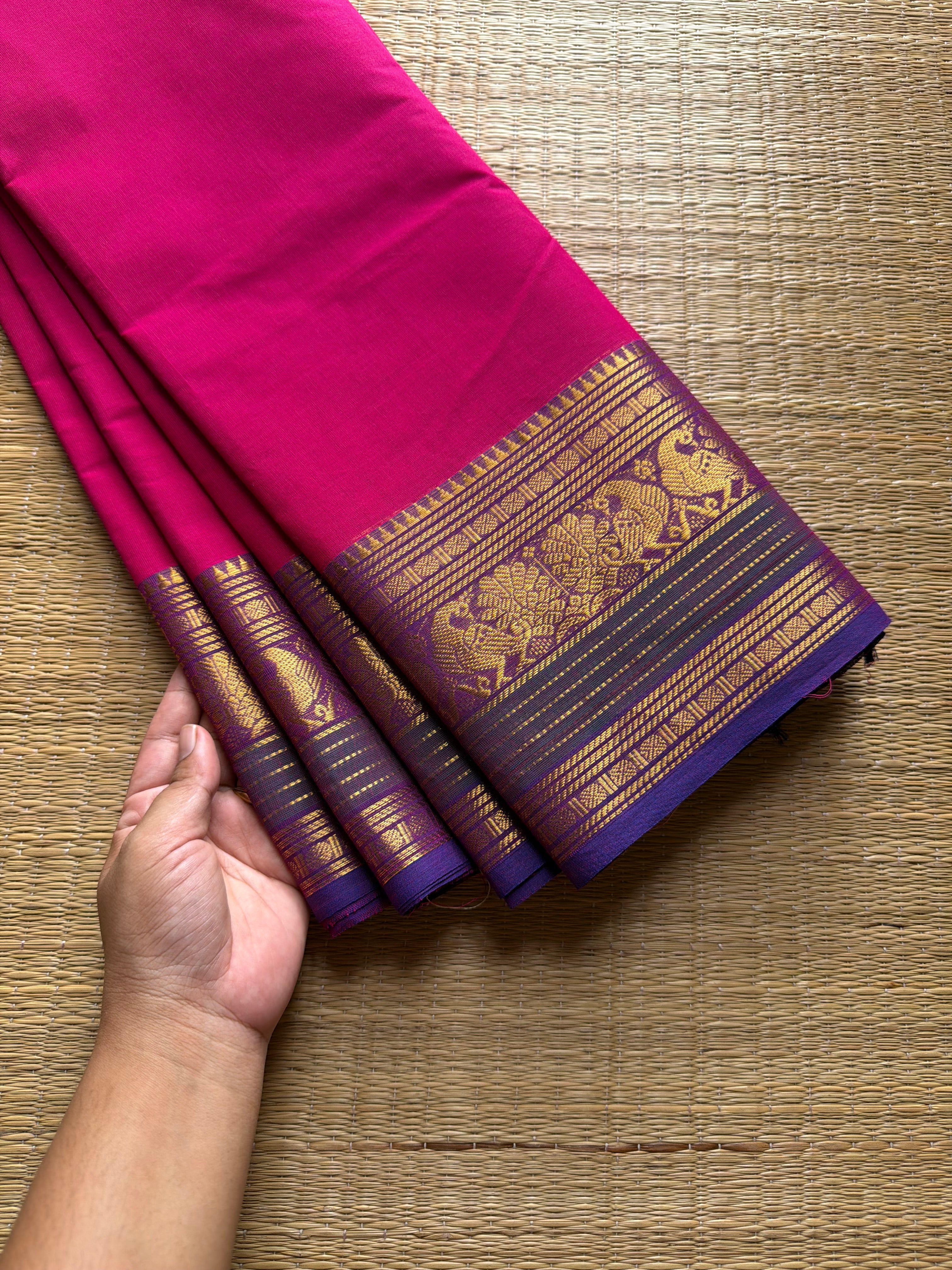RF696 Rani pink shade ~ Silk Saree Inspired Kanchi Cotton saree multi color border