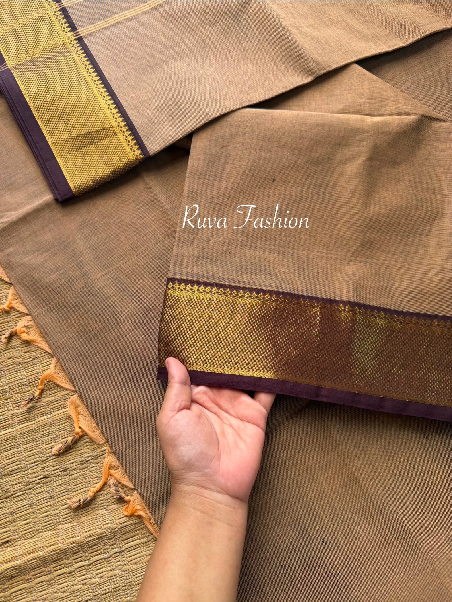 RF52 Dual Tone Biscuit Shade Kanchi cotton saree with dark brown border