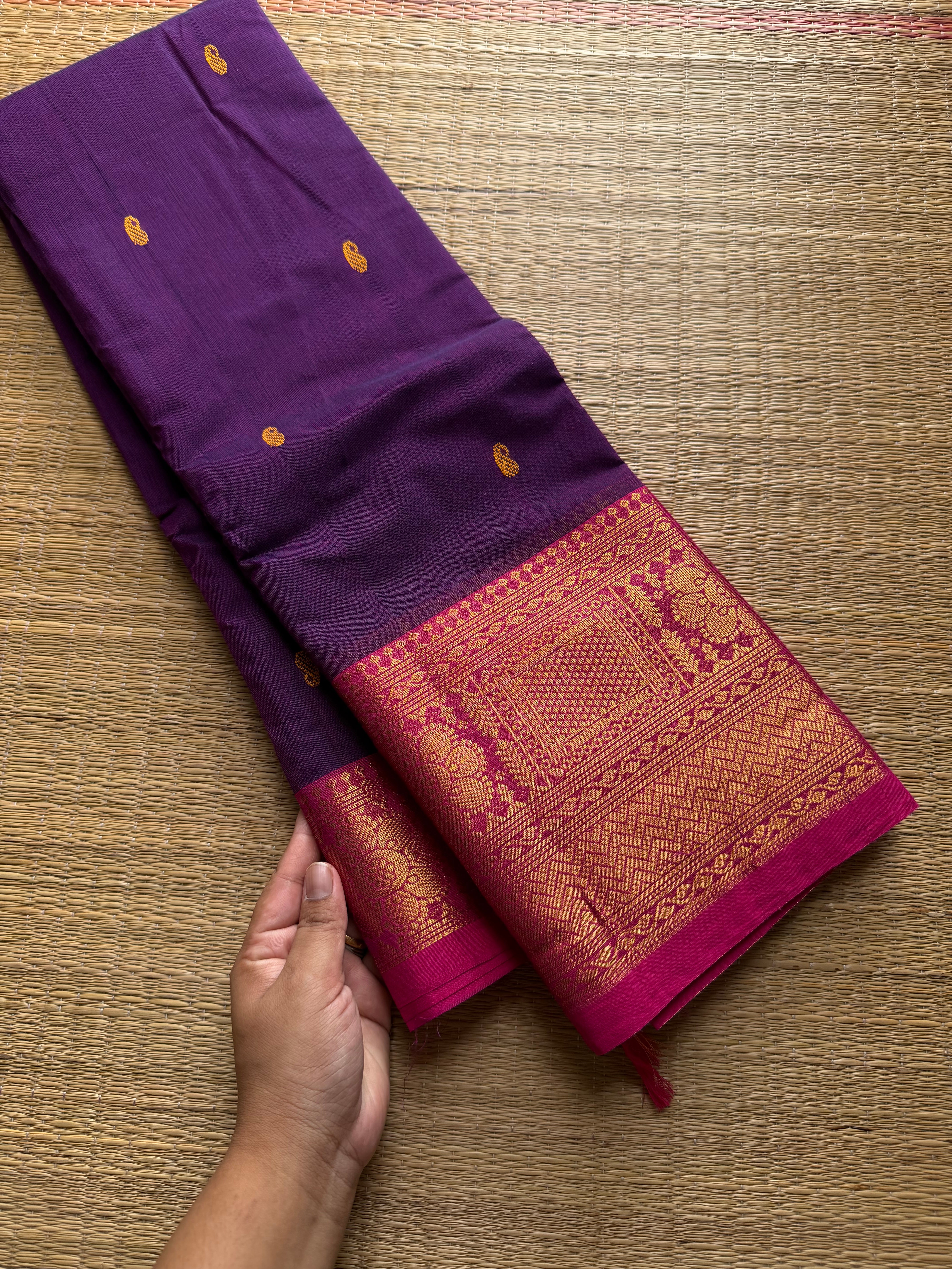 RF549 Purple shade Kanchi cotton saree with handmade thread buttas
