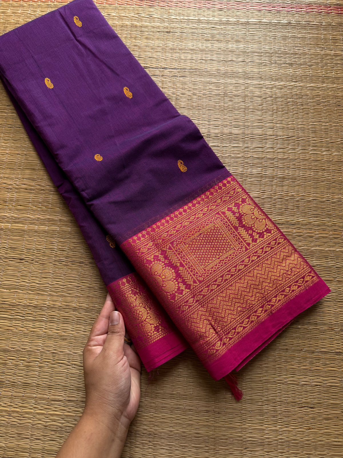RF549 Purple shade Kanchi cotton saree with handmade thread buttas