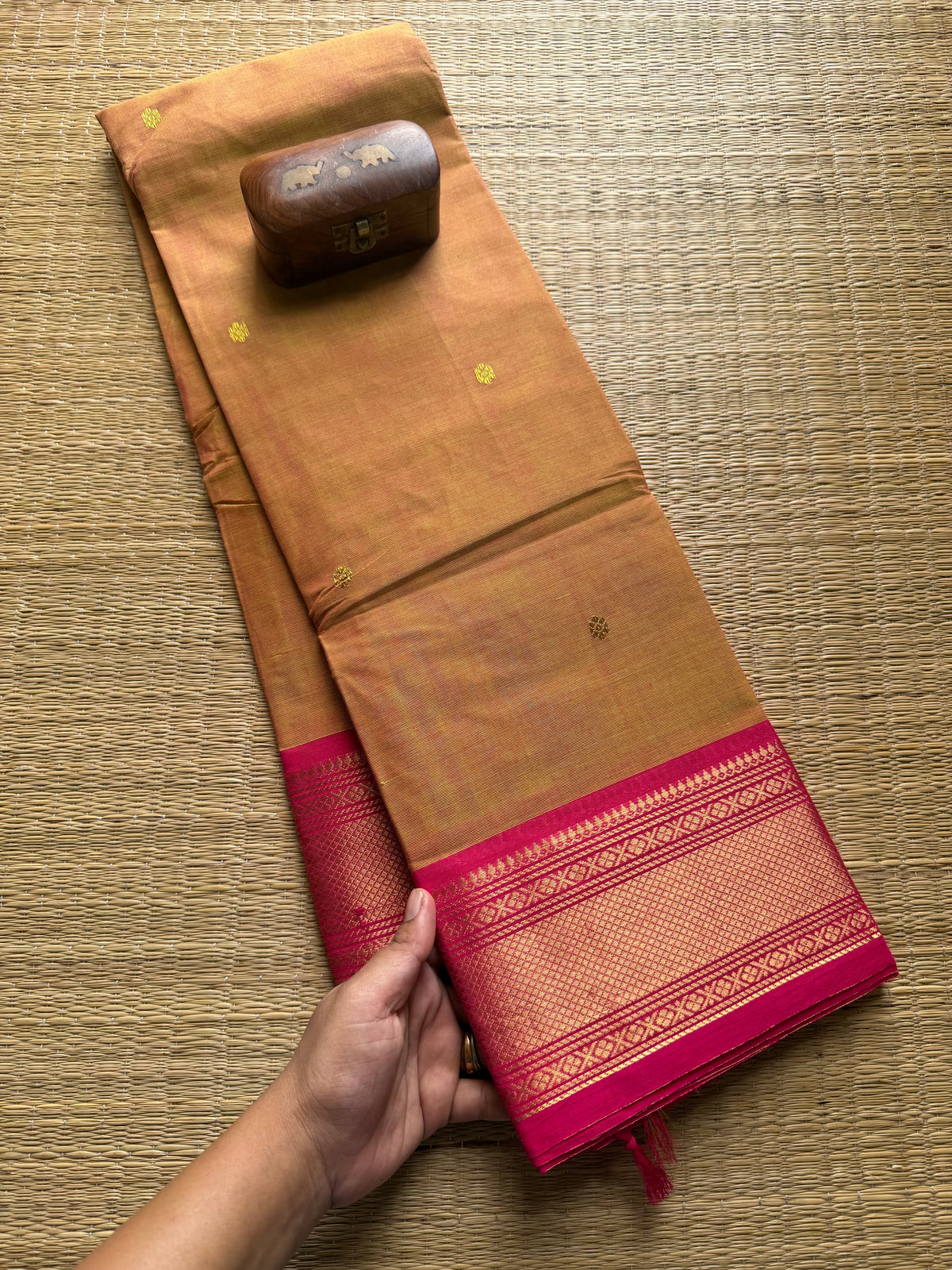 Lemon Yellow Kanchi Cotton Saree With Handmade Golden Zari Buttas