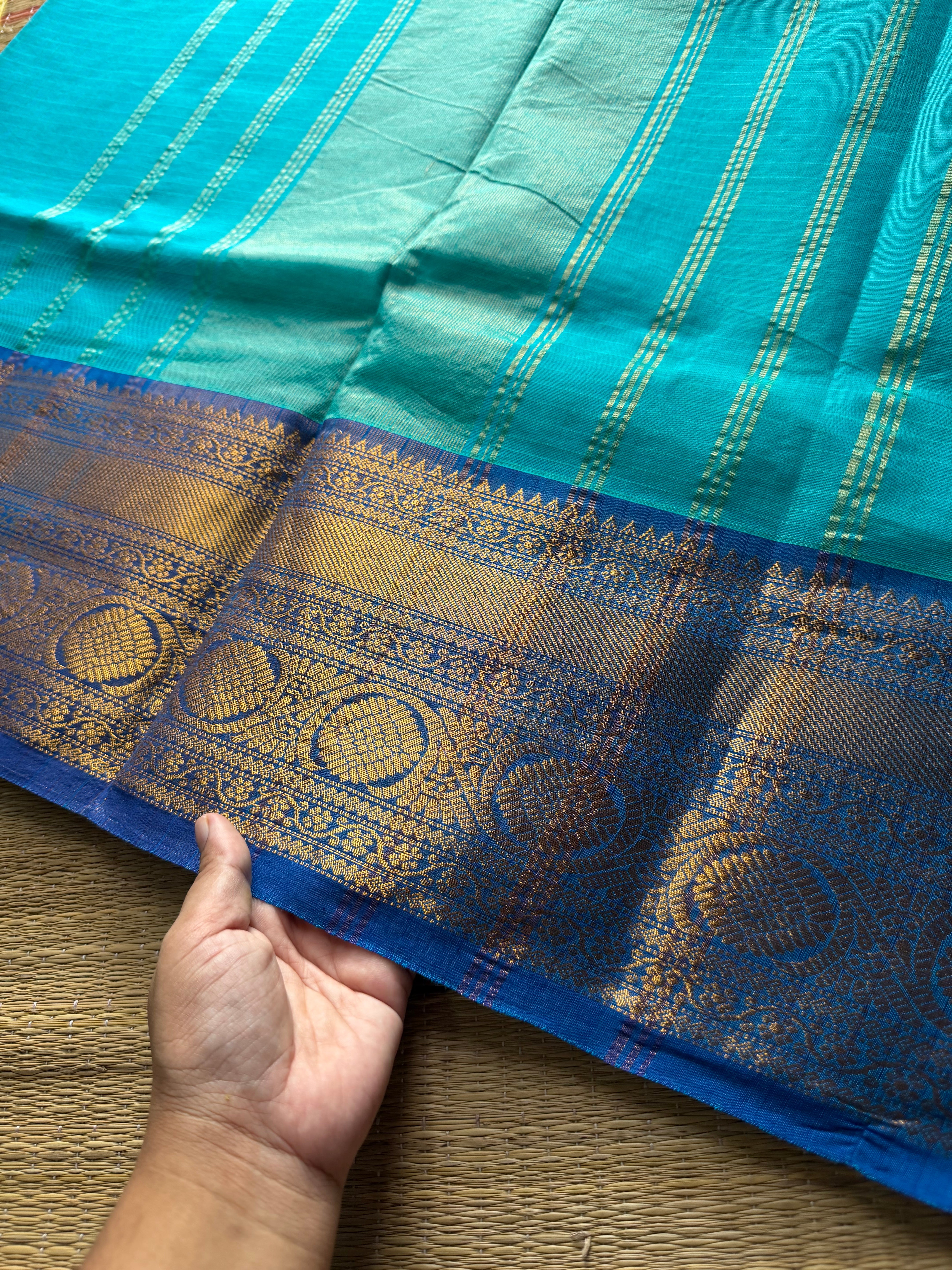 RF727 Rama blue shade kanchi cotton saree with checks / Kattam pattern