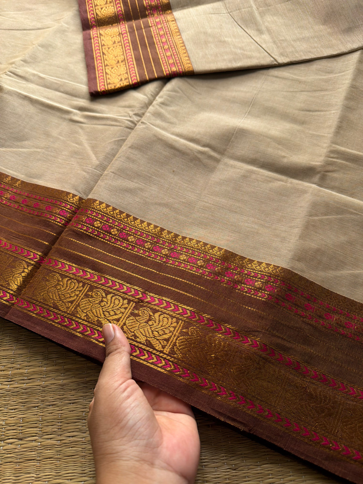 RF383 Cream with light brown combination Kanchi cotton saree with unique border