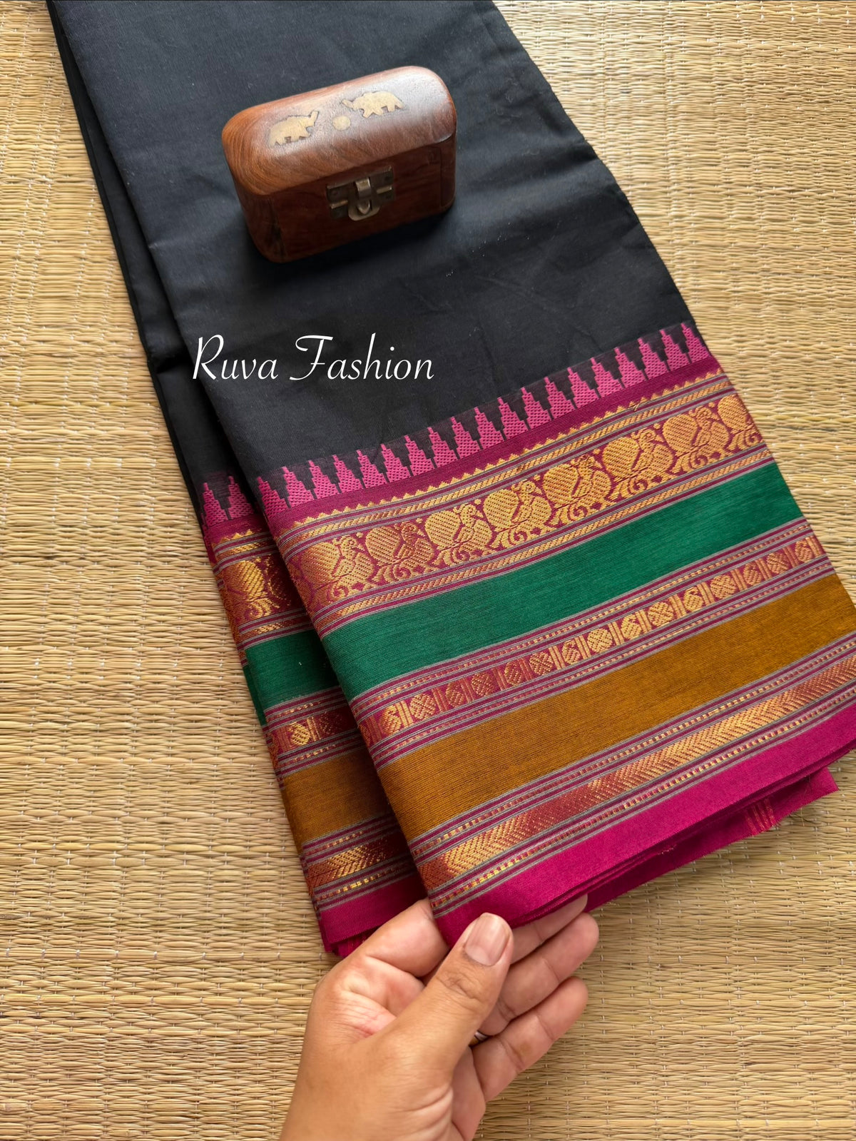RF62 Unique black shade kanchi cotton saree with Multi color border