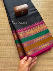 RF62 Unique black shade kanchi cotton saree with Multi color border