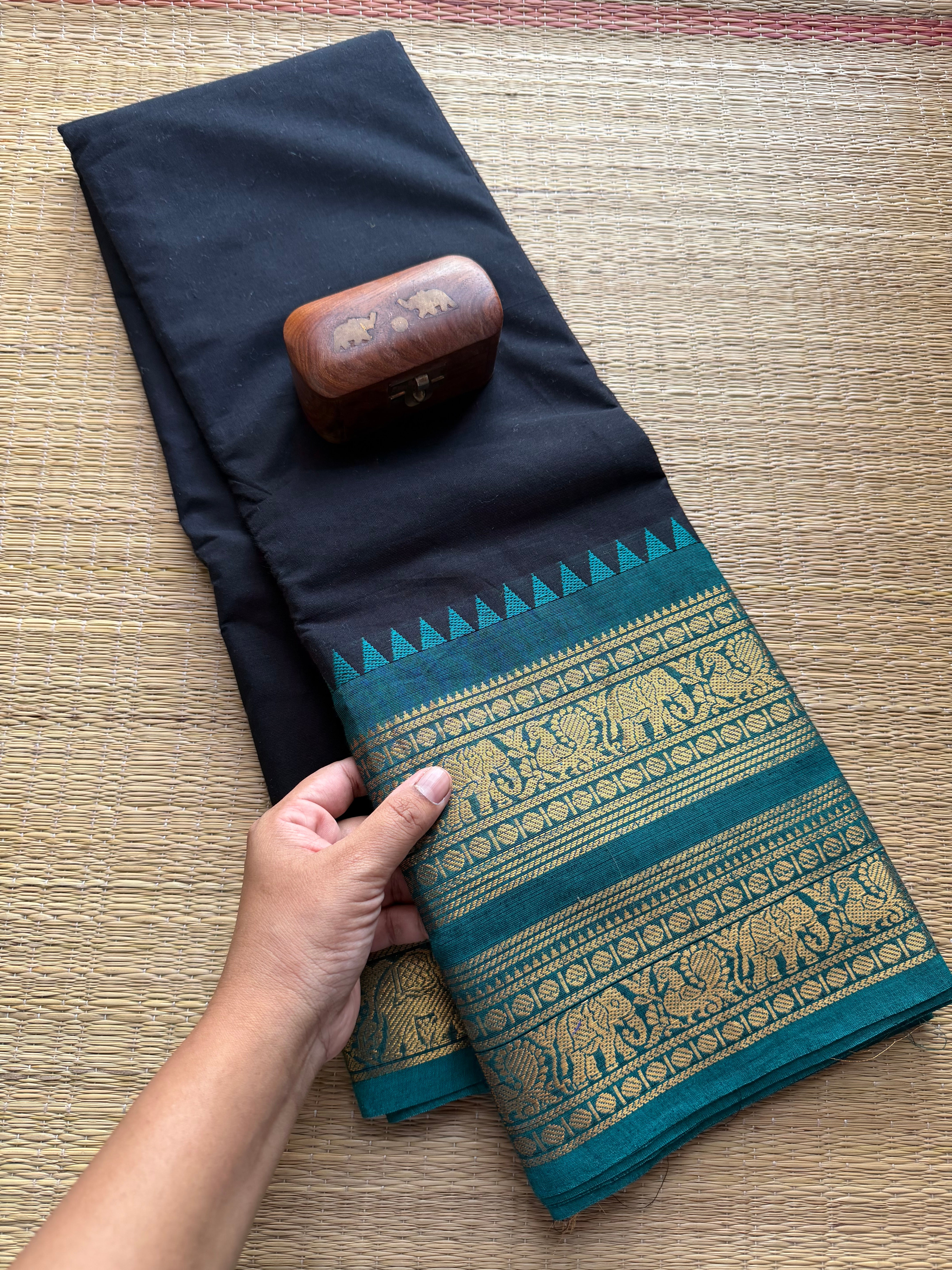 RF36 Black With Teal Blue Combination Retta Patta Border Kanchi Cotton Saree