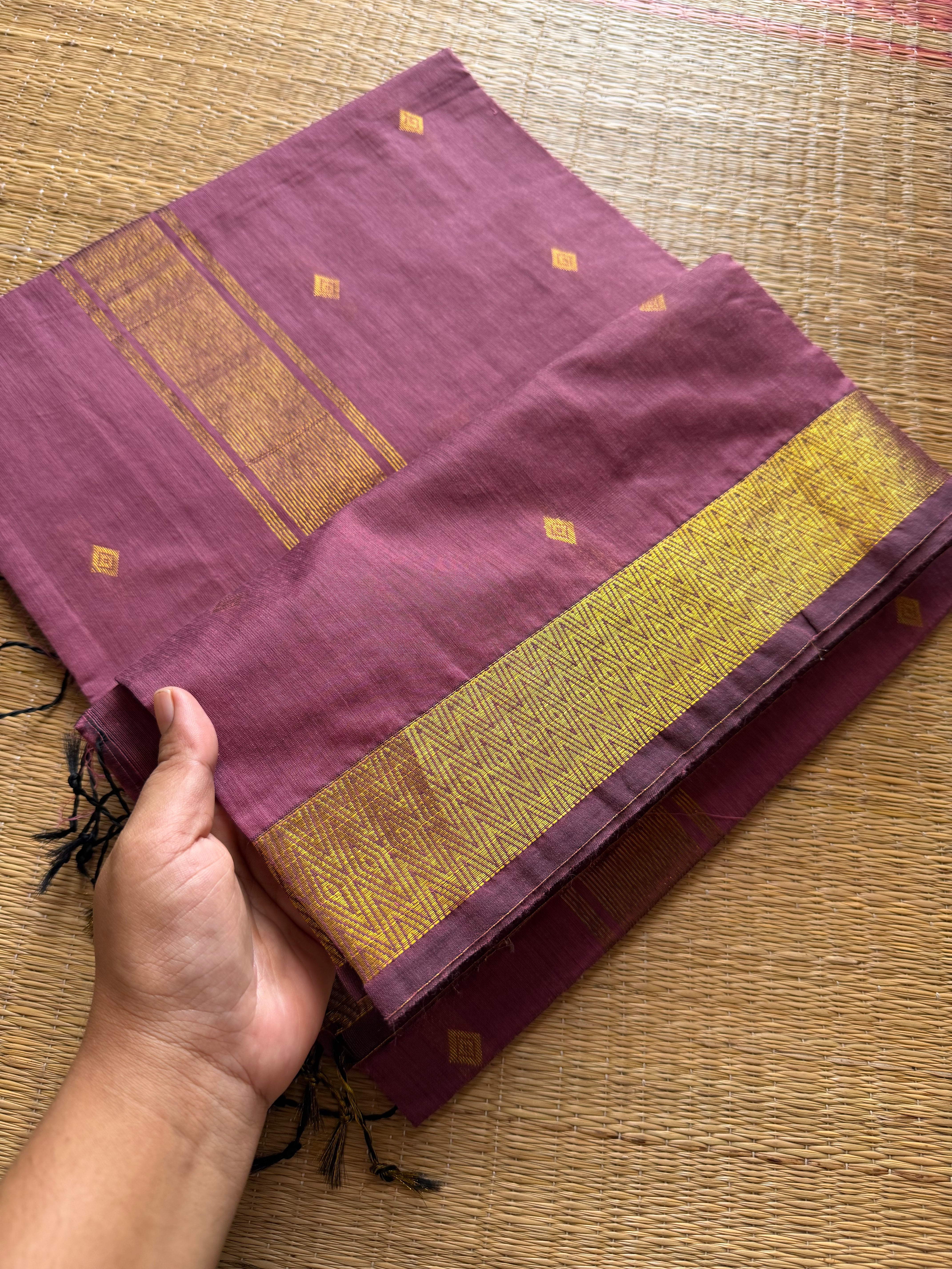 RF237 Mauve Pink Monotone Maheswari Semi Silk Cotton Saree With rich gold Zari border