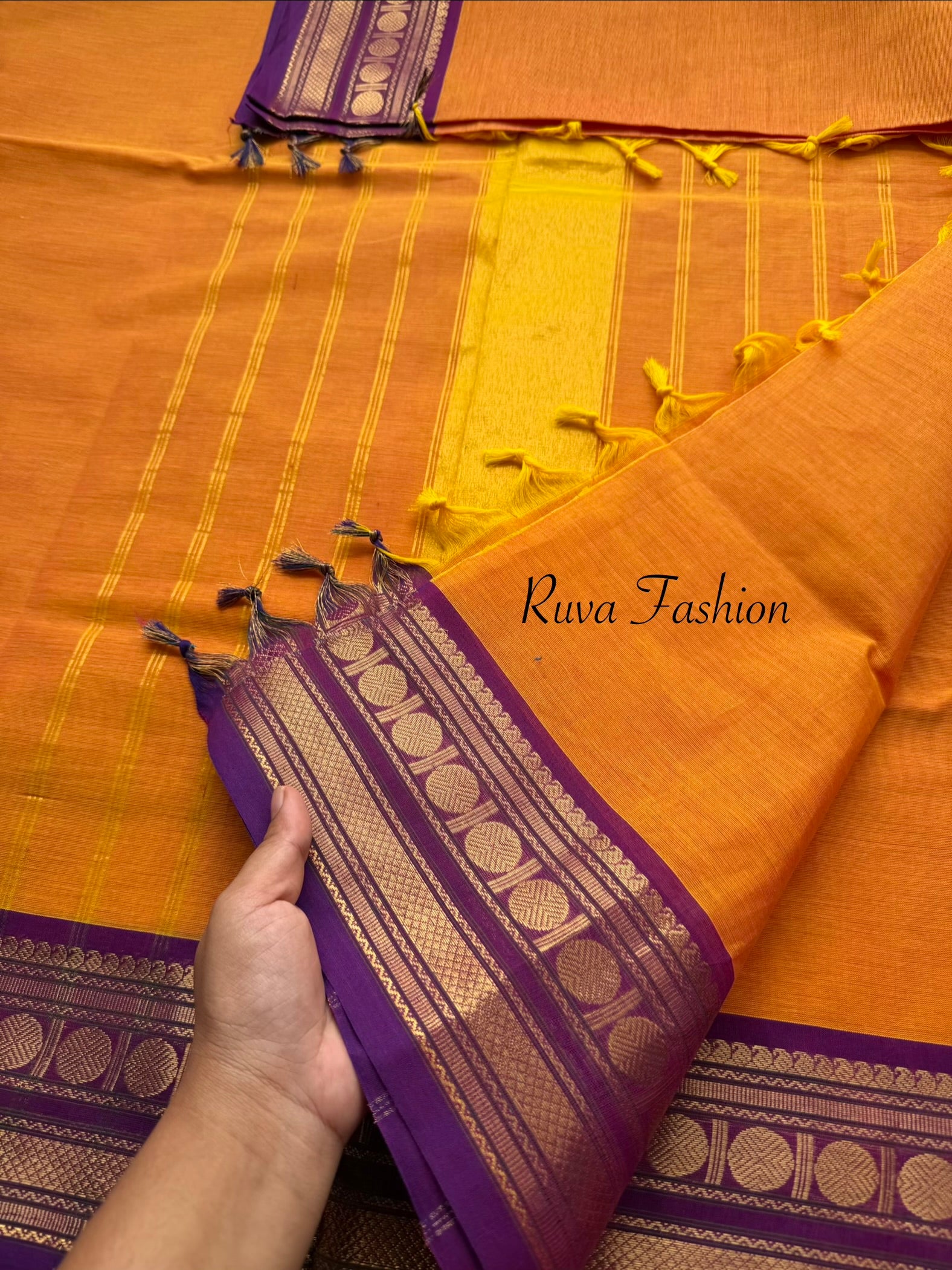 RF139 Dual tone orange with contrast purple combination Kanchi cotton saree