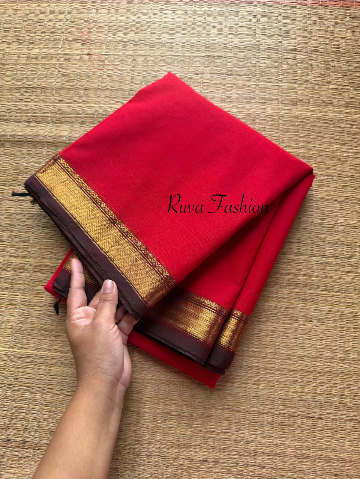RF105 Red with brown combination small Zari border Kanchi cotton saree
