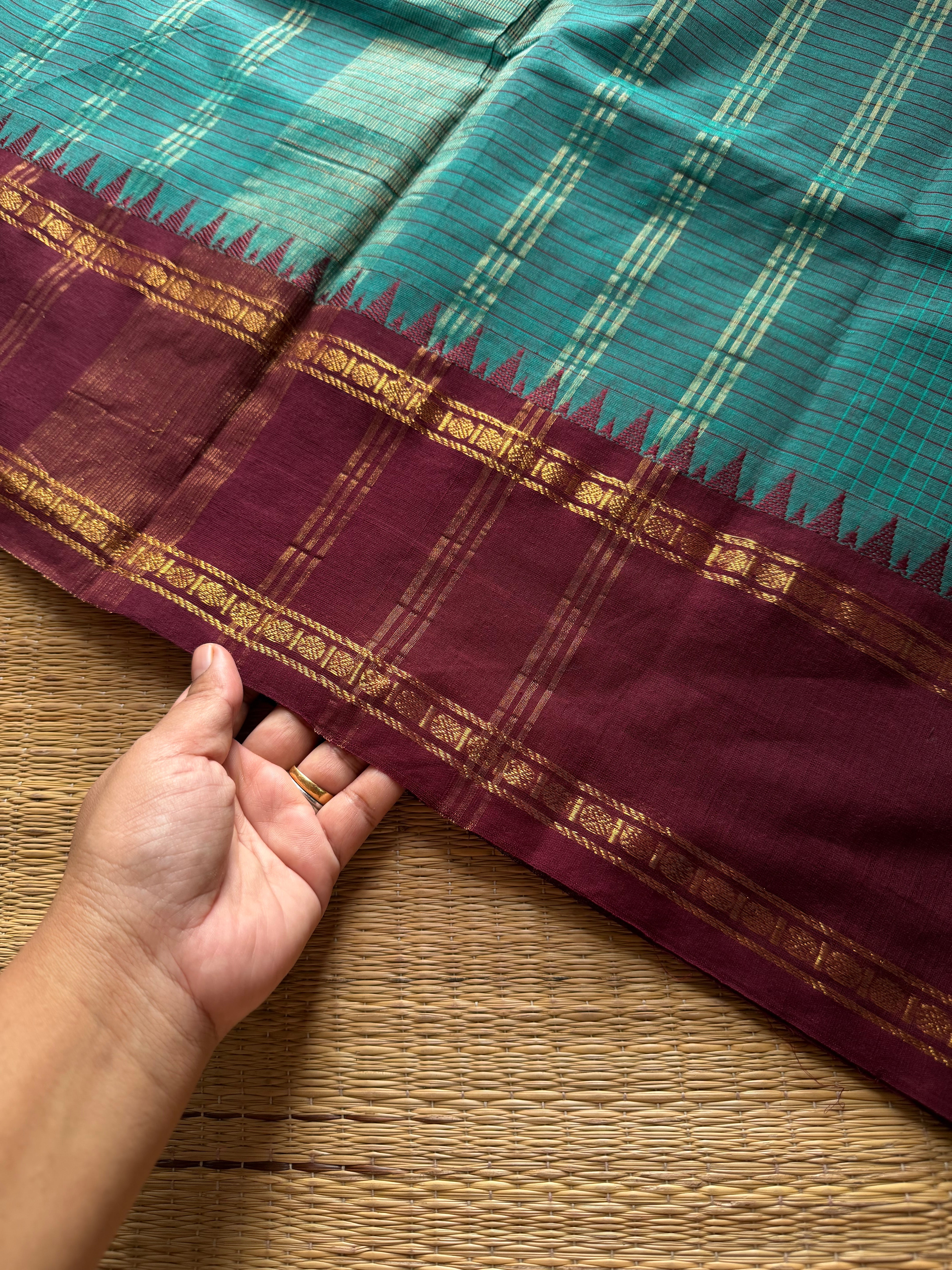 RF1295 Vintage Podi Kattam Kanchi Cotton Saree ~ Teal blue with brown
