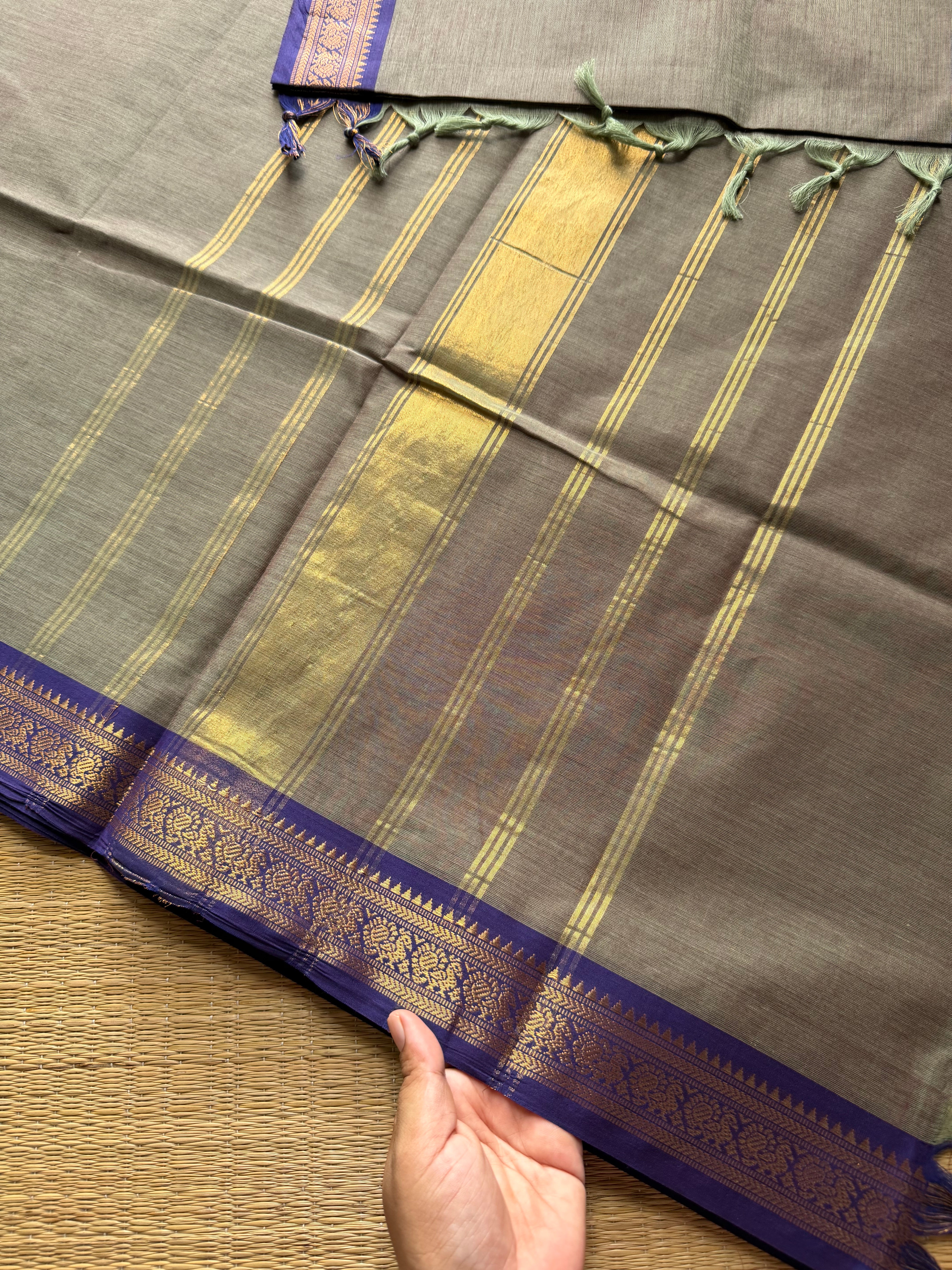 RF391 Grey with violet combination small border Kanchi cotton saree