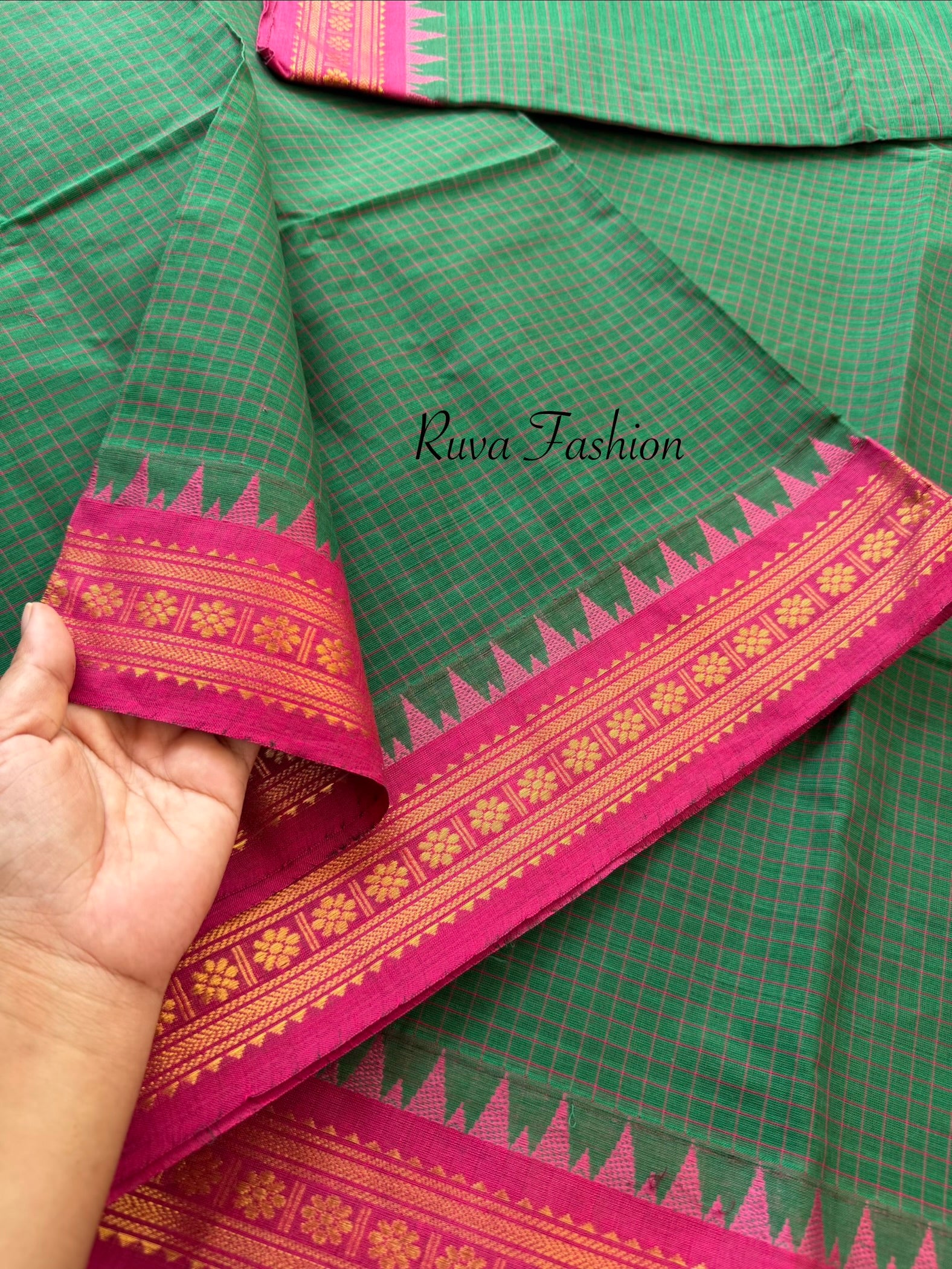 RF175 Green with pink combination vintage style Podikattam / small checks Kanchi cotton saree