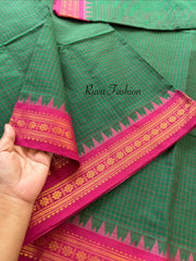 RF175 Green with pink combination vintage style Podikattam / small checks Kanchi cotton saree