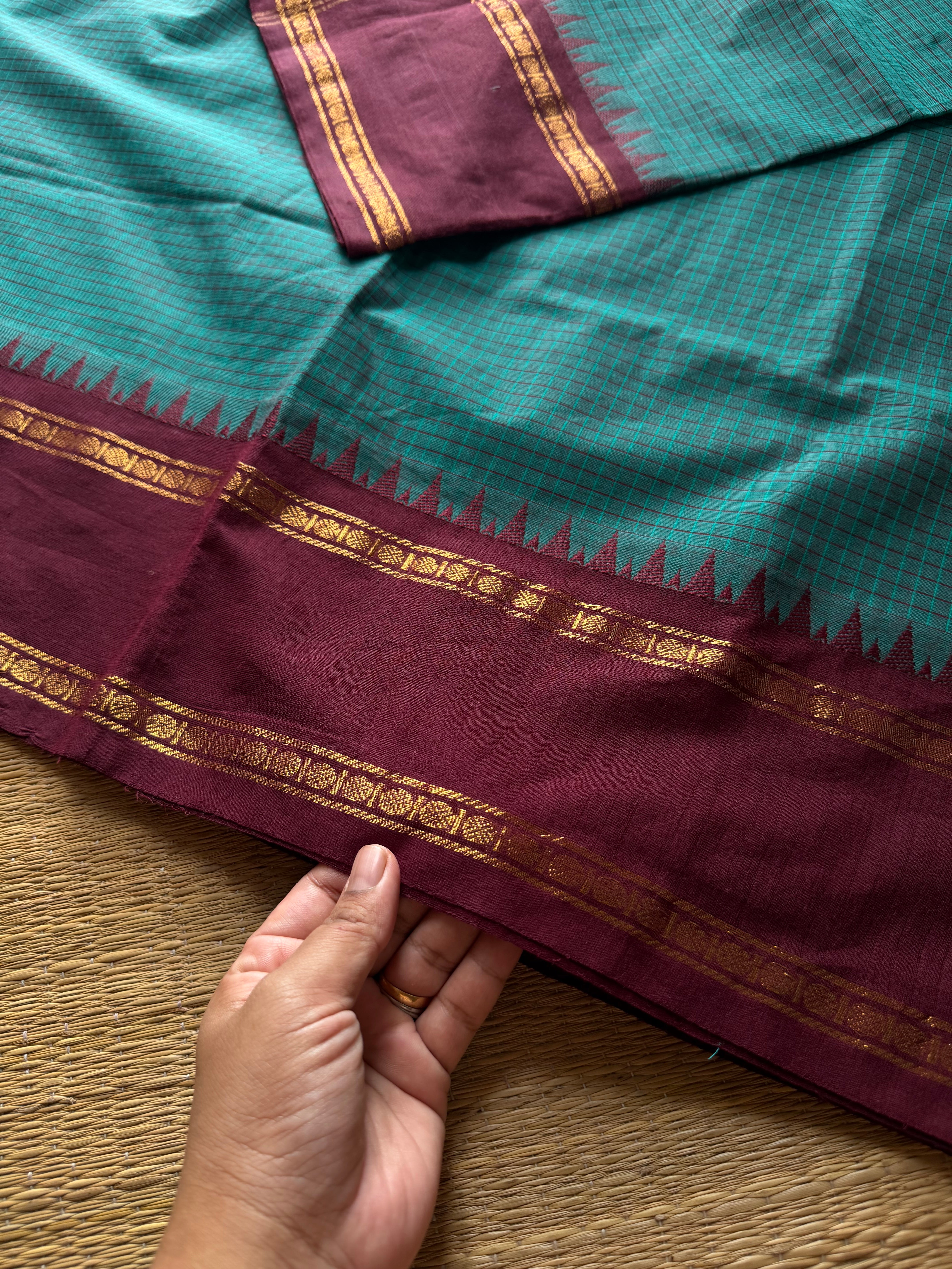 RF1295 Vintage Podi Kattam Kanchi Cotton Saree ~ Teal blue with brown