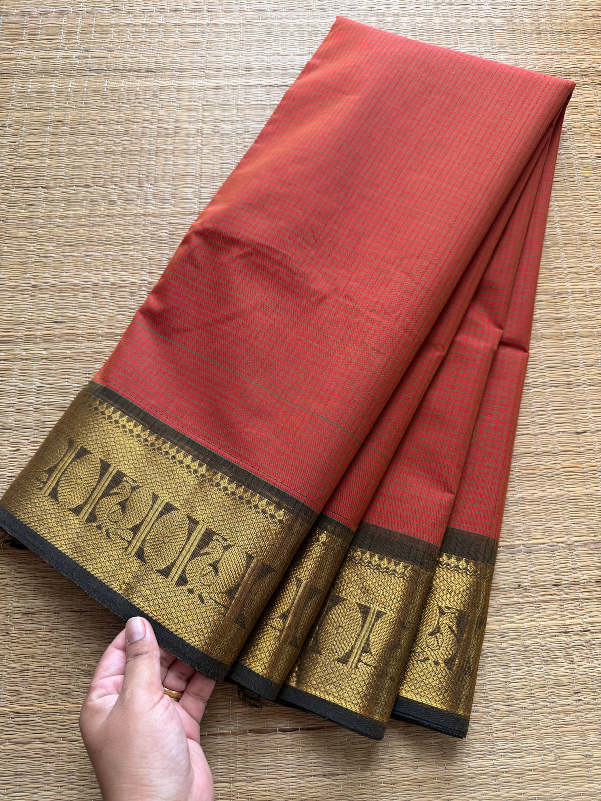 Rust orange shade podi kattam Kanchi cotton saree with Annam golden Zari border