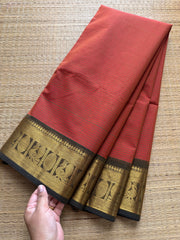 Rust orange shade podi kattam Kanchi cotton saree with Annam golden Zari border