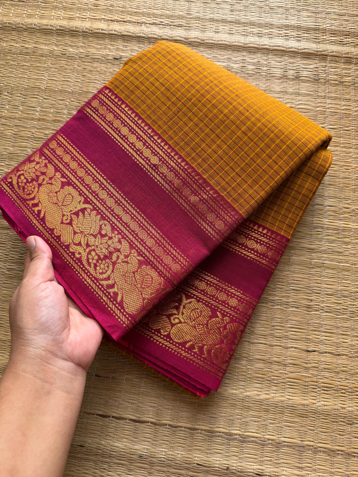 RF356 Mustard shade with pink combination Kanchi cotton saree with Kattam / checks pattern and unique lotus and Annam pattern Zari border