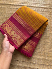RF356 Mustard shade with pink combination Kanchi cotton saree with Kattam / checks pattern and unique lotus and Annam pattern Zari border