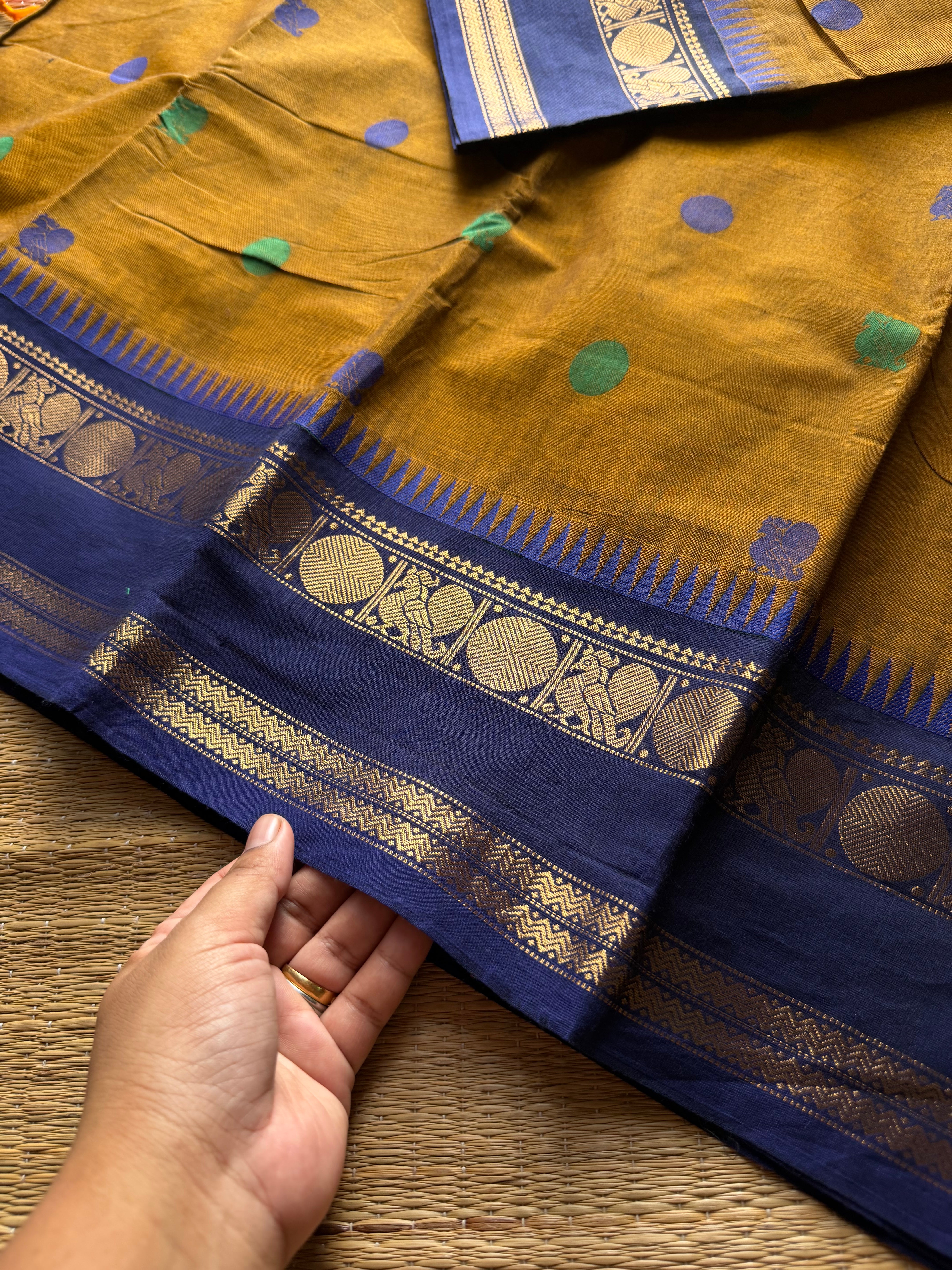 RF1389 Mustard shade ~ Premium Rich Pallu Kanchi cotton saree with Annam pattern gap border
