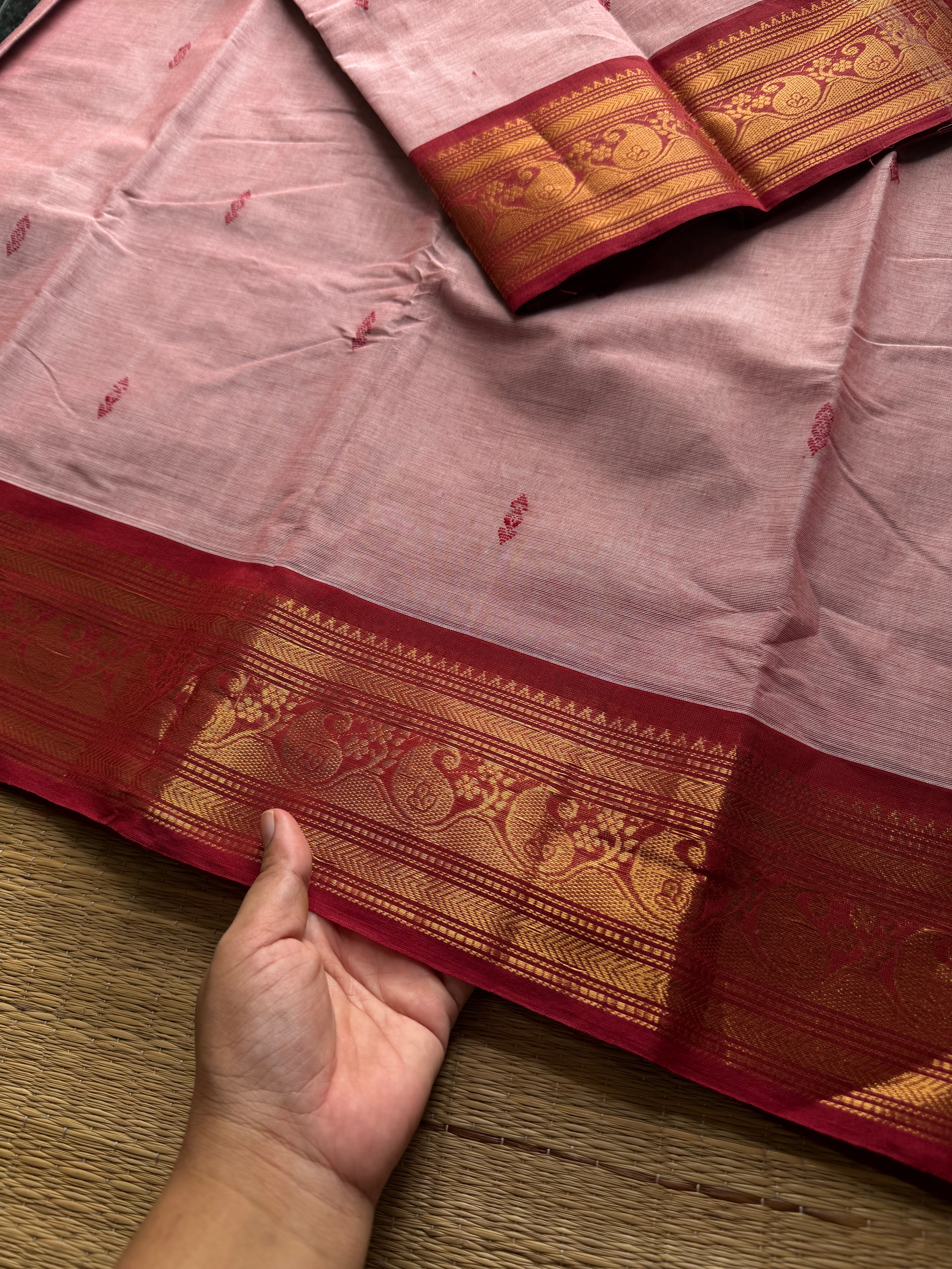 RF545 Light pastel peach shade Kanchi cotton saree with handmade thread buttas