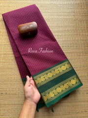 Magenta Pink With Green checks/ Kattam Kanchi Cotton Saree