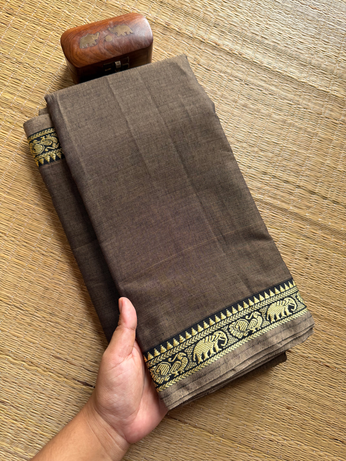 RF310 Grey shade Mercerised Narayanpet Cotton Saree With Small Annam and elephant pattern border