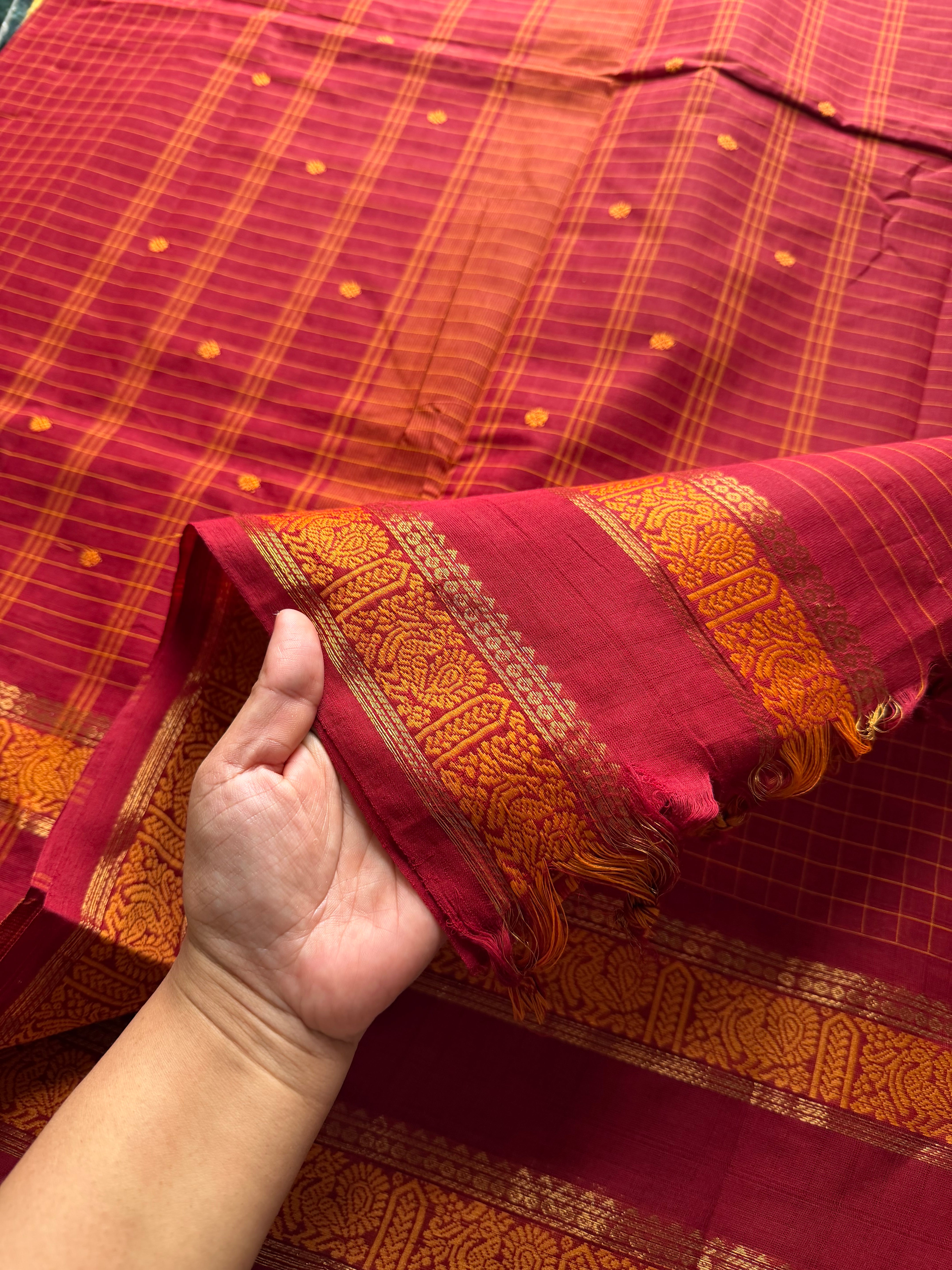 RF483 The Reddish Maroon Kattam Edition: Kanchi Cotton Saree with Minimal Zari & handmade thread buttas