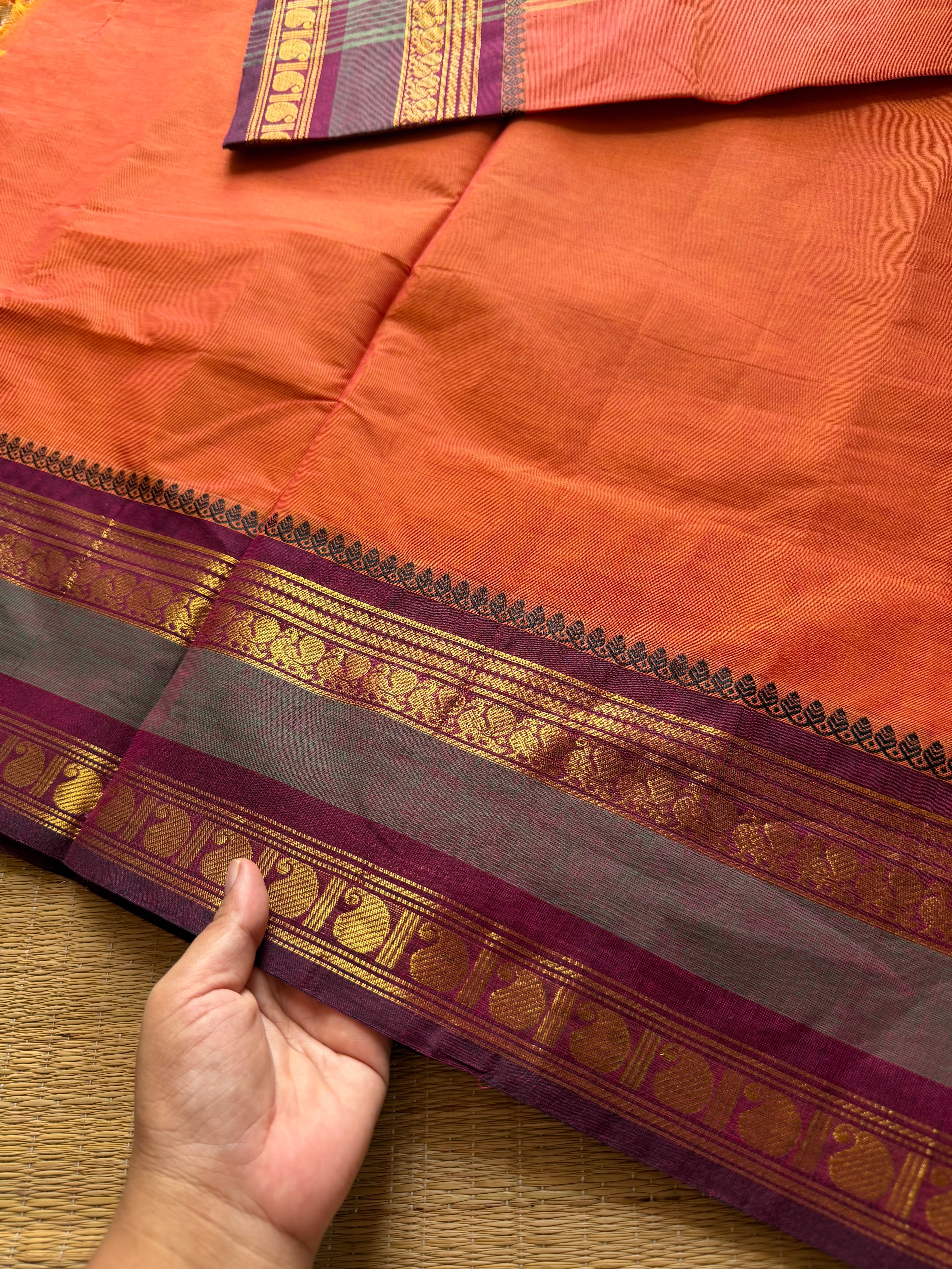 RF218 Orange shade Kanchi cotton saree with Annam & Mango Rettapet border