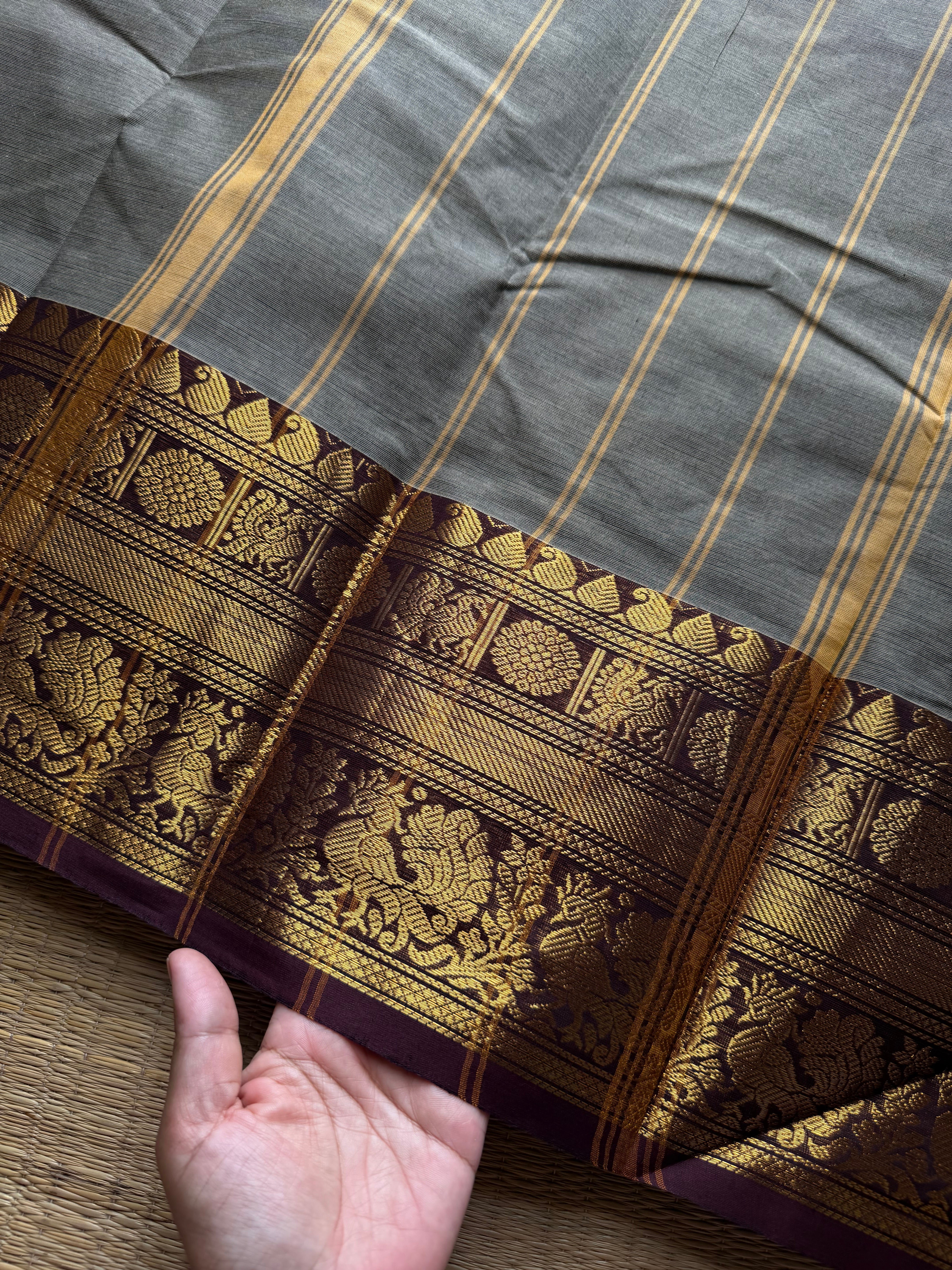 RF1306 Beige & Grey mixed shade with brown Kanchi cotton saree  ~ silk saree inspired border