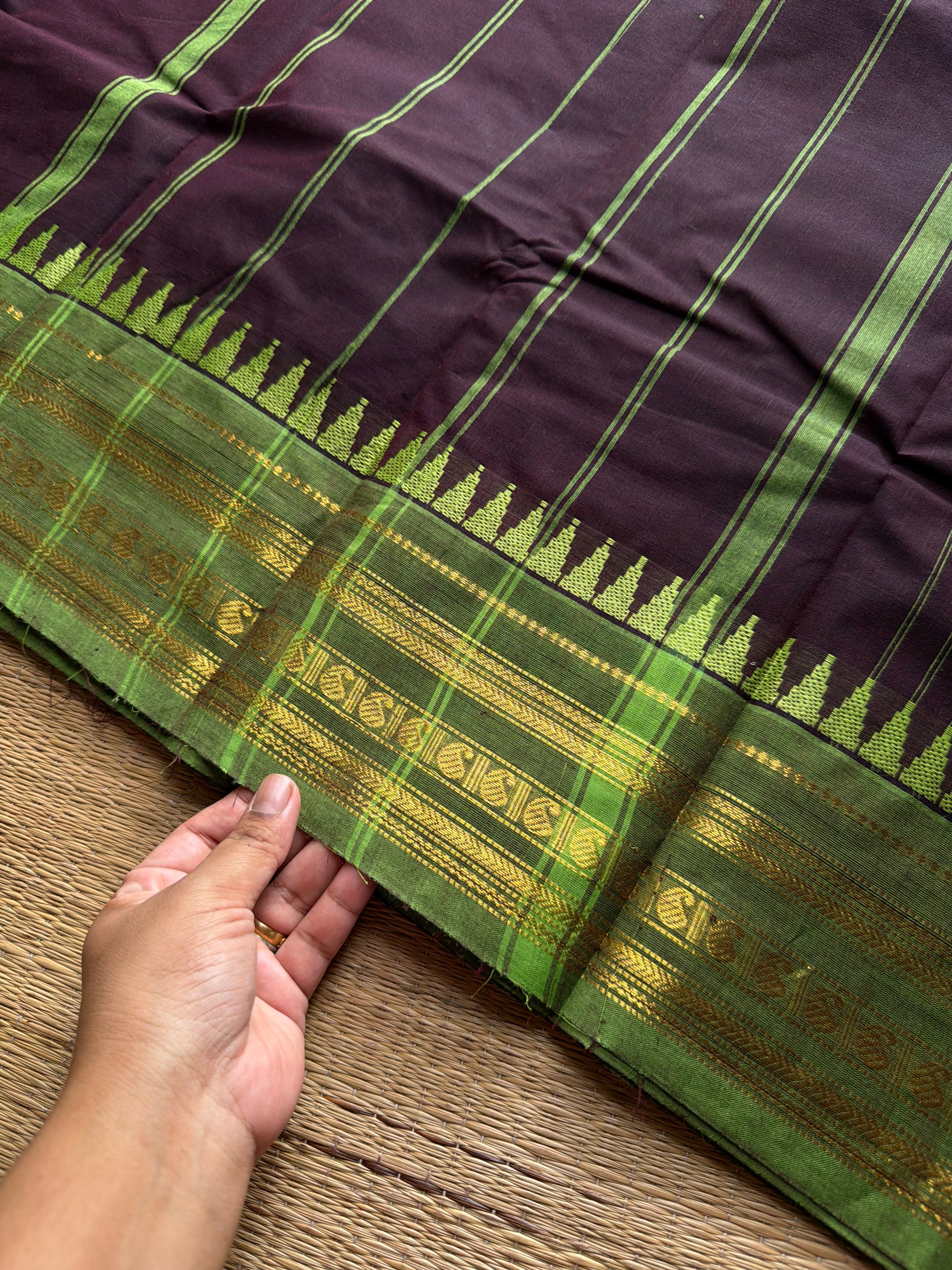 RF1344 Brown with green Kanchi cotton saree with vertical stripped pattern