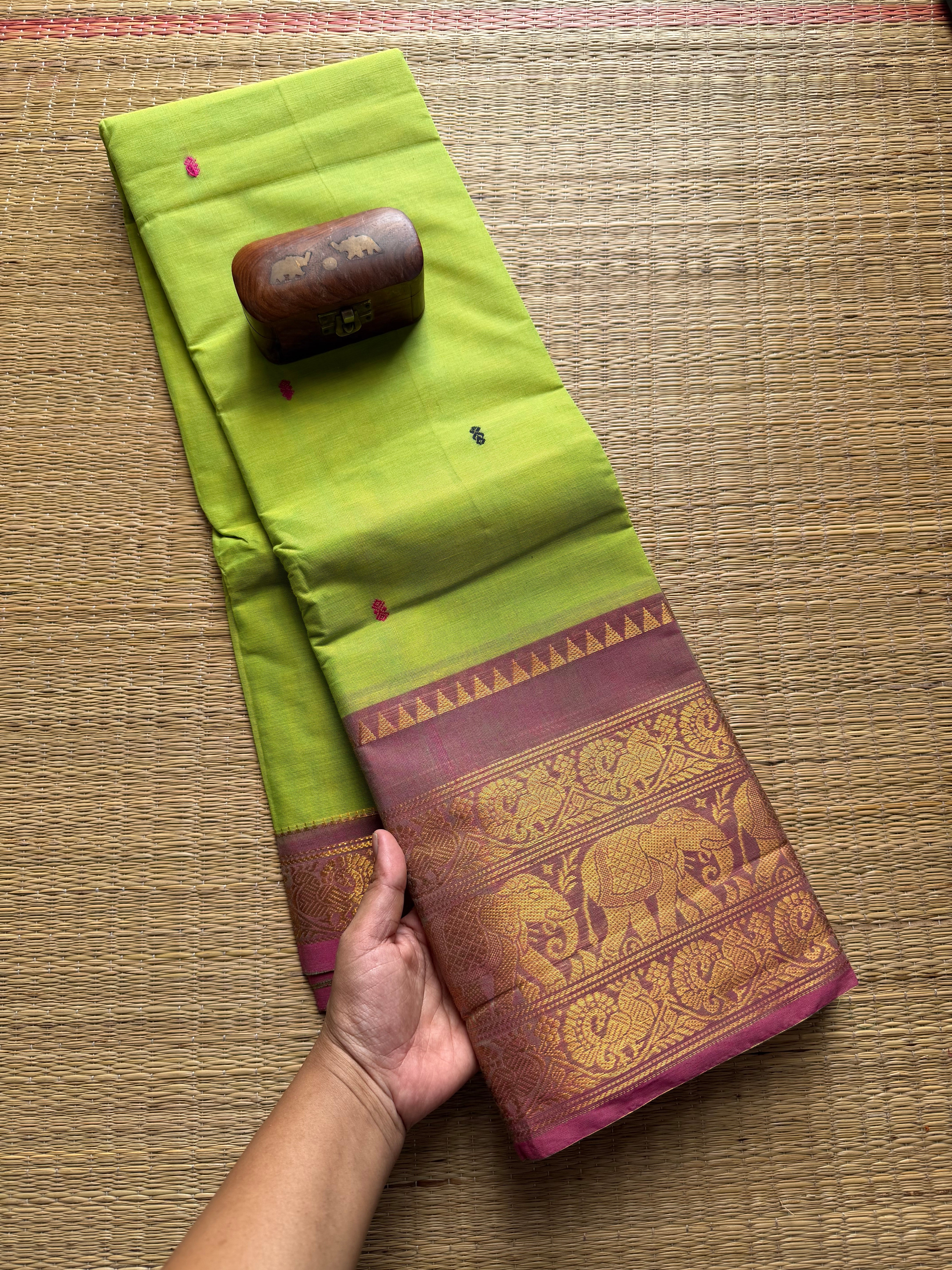 Parrot Green Shade Kanchi Cotton Saree With Handmade Thread Buttas