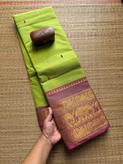 Parrot Green Shade Kanchi Cotton Saree With Handmade Thread Buttas