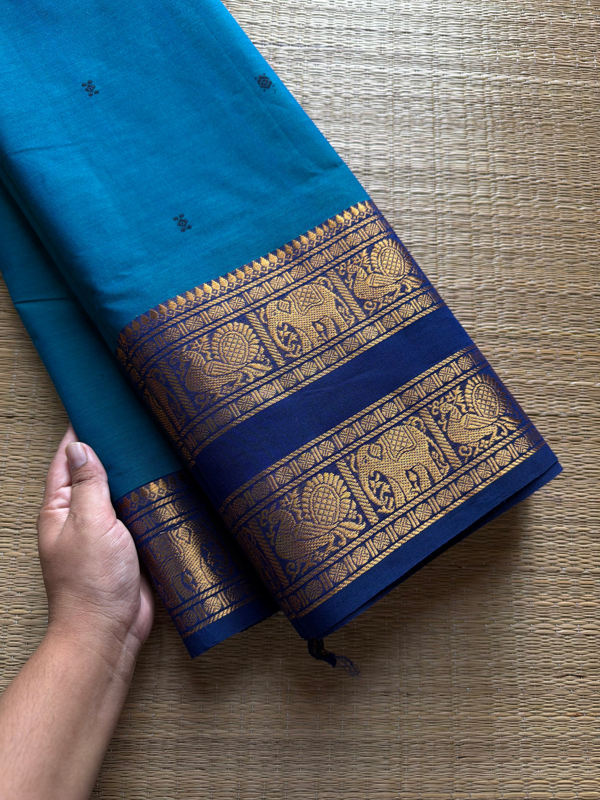 RF700 Peacock blue shade Kanchi cotton saree with Rettapet border & handmade thread buttas