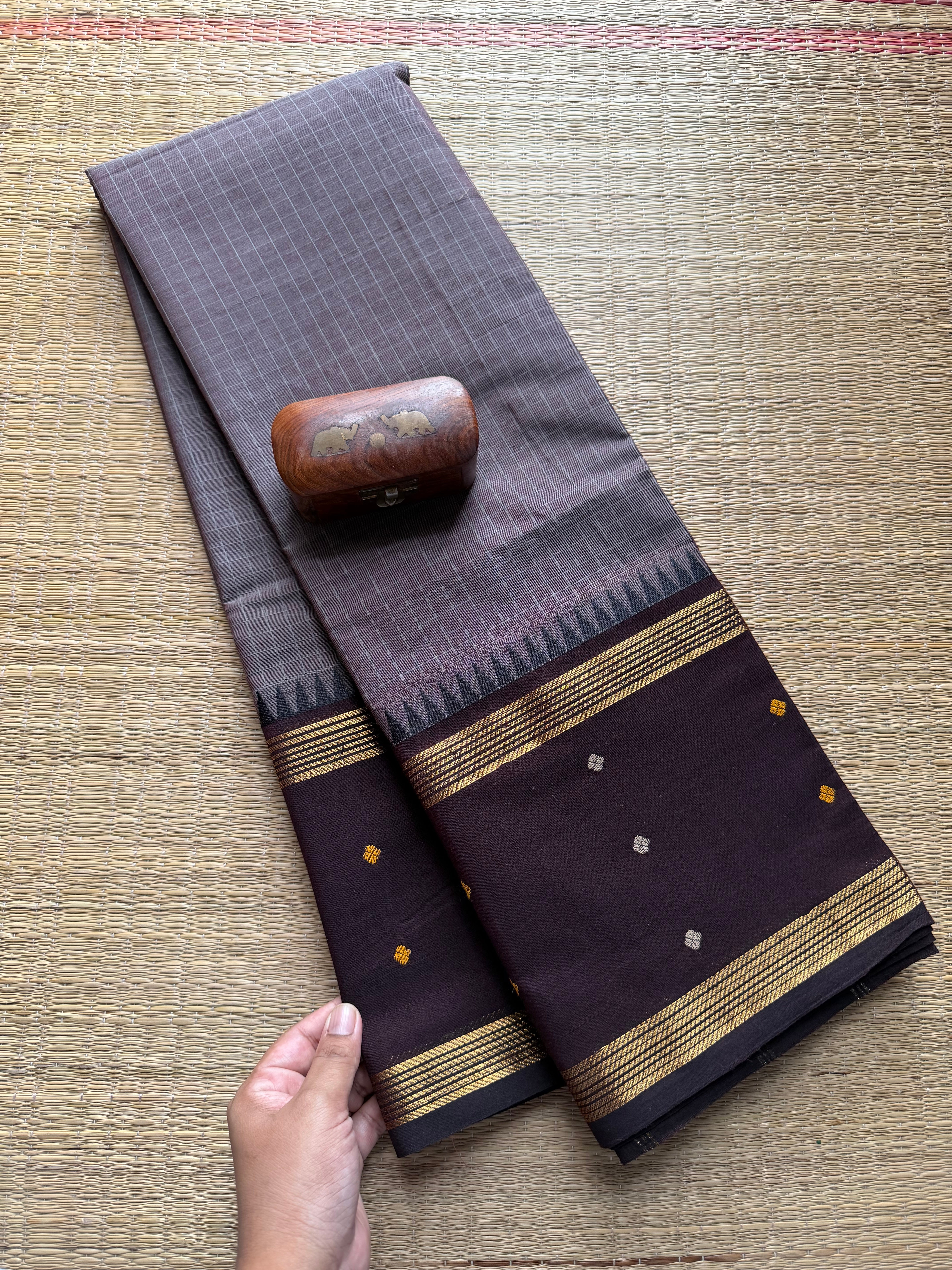RF212 Grey with brown combination kanchi cotton saree with Vintage Style Border with checks pattern & handwoven Buttas on the border