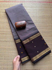 RF212 Grey with brown combination kanchi cotton saree with Vintage Style Border with checks pattern & handwoven Buttas on the border