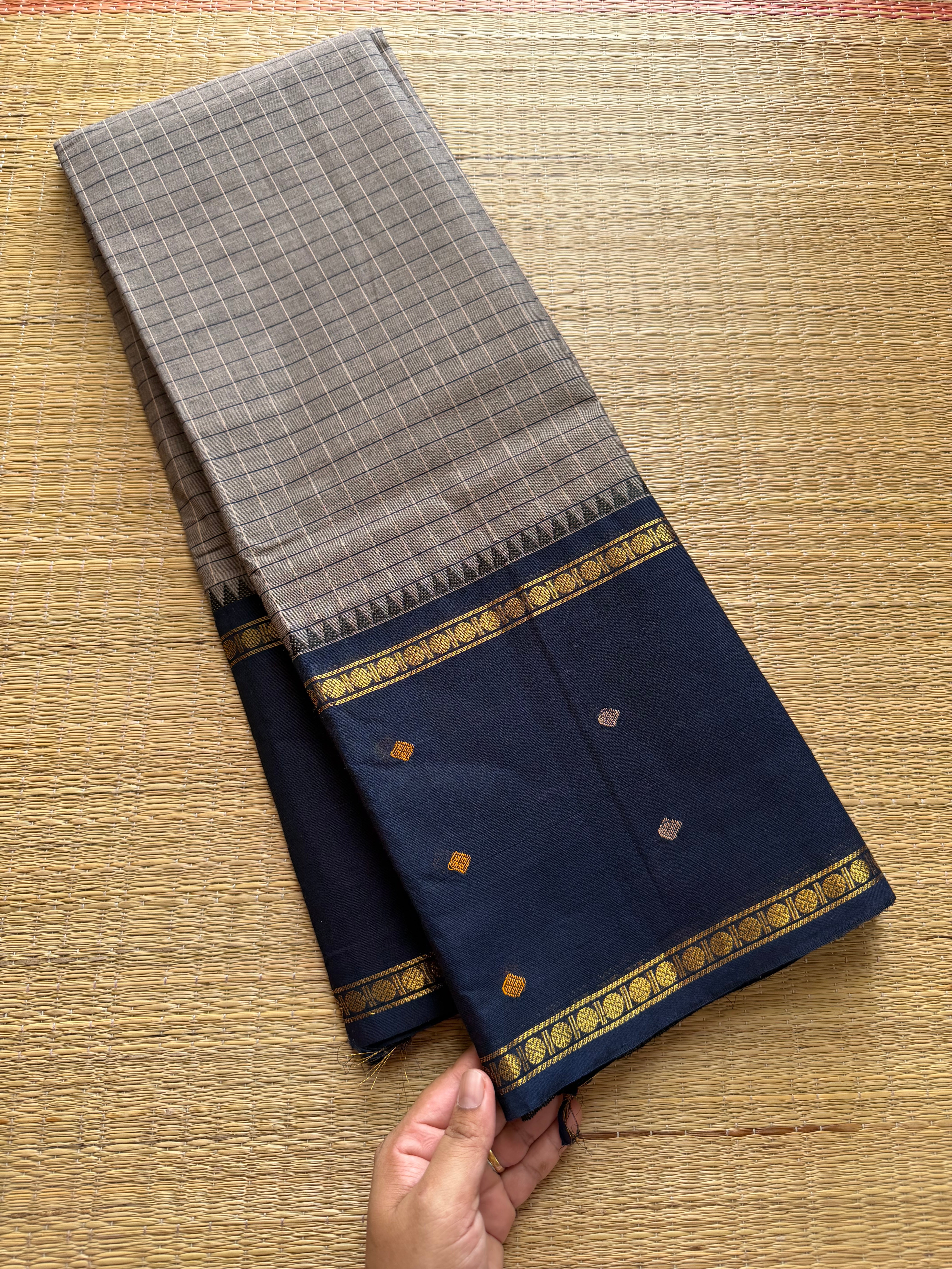 RF515 Grey with navy blue combination Vintage Border Kanchi Cotton Saree with kattam / checks pattern & handwoven Buttas on the border