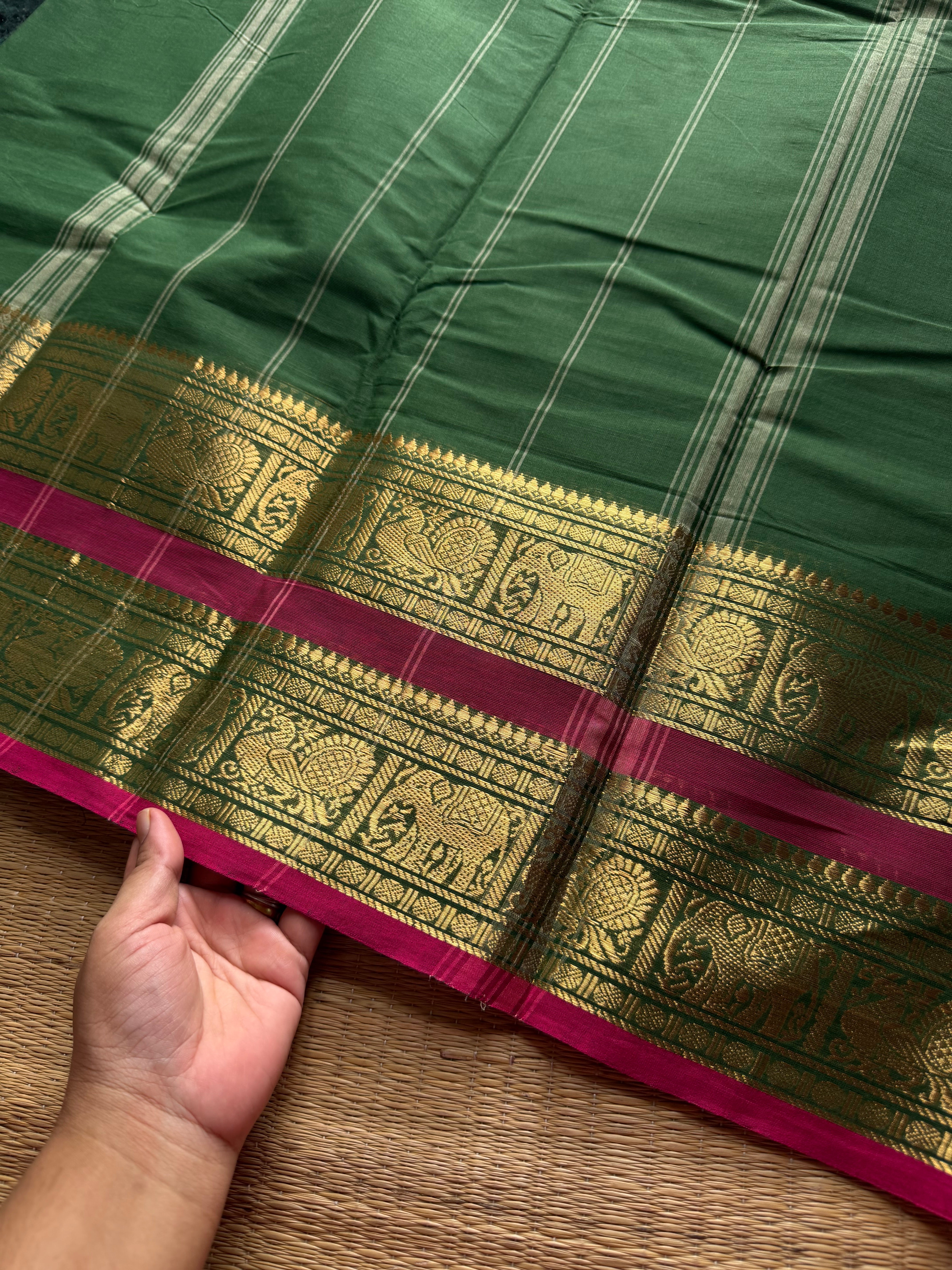 RF603 Green shade Kanchi cotton saree with contrast Rettapet border