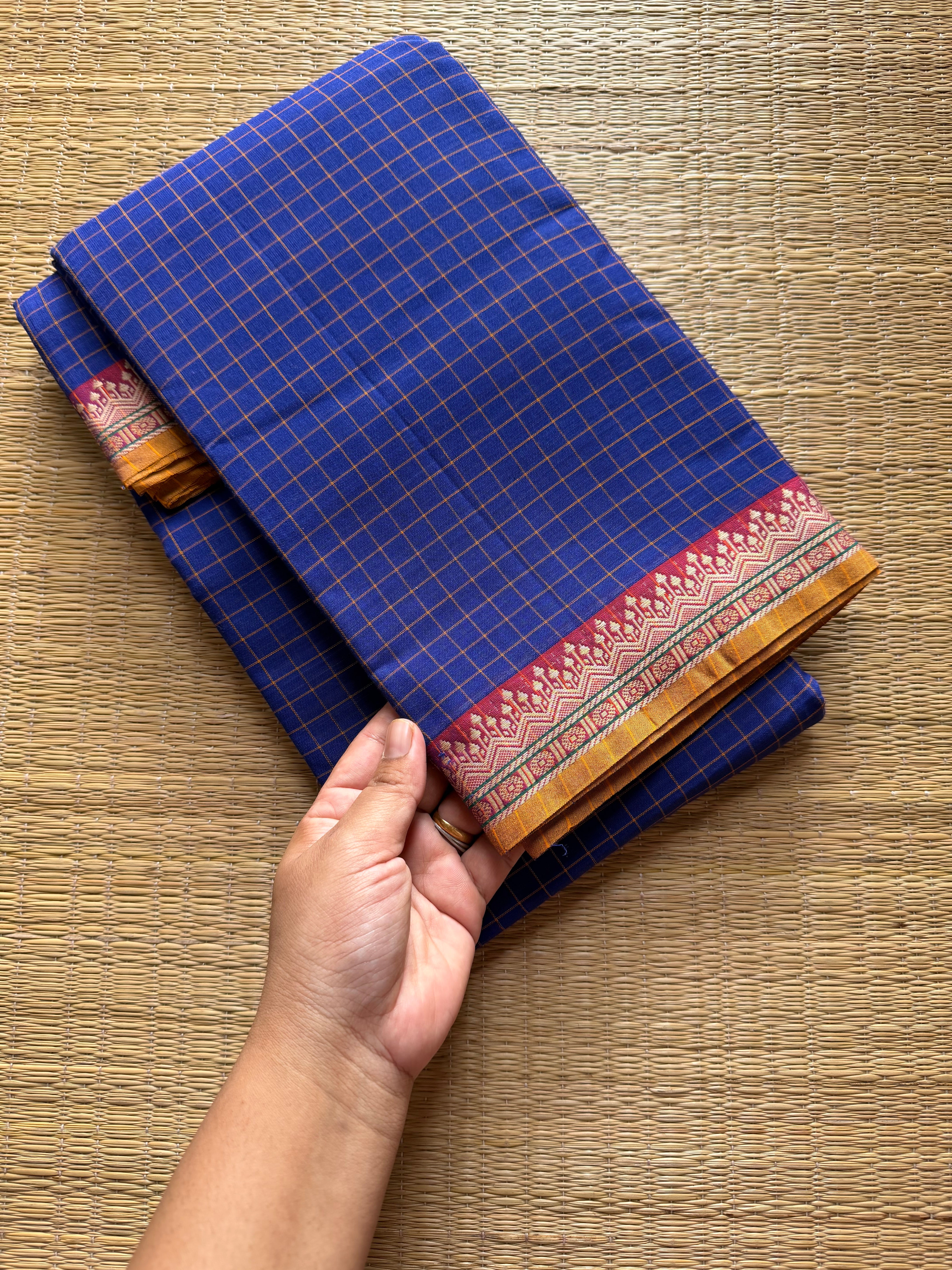 RF520 Royal blue shade Mercerised Narayanpet cotton saree with contrast small border and checks / kattam pattern
