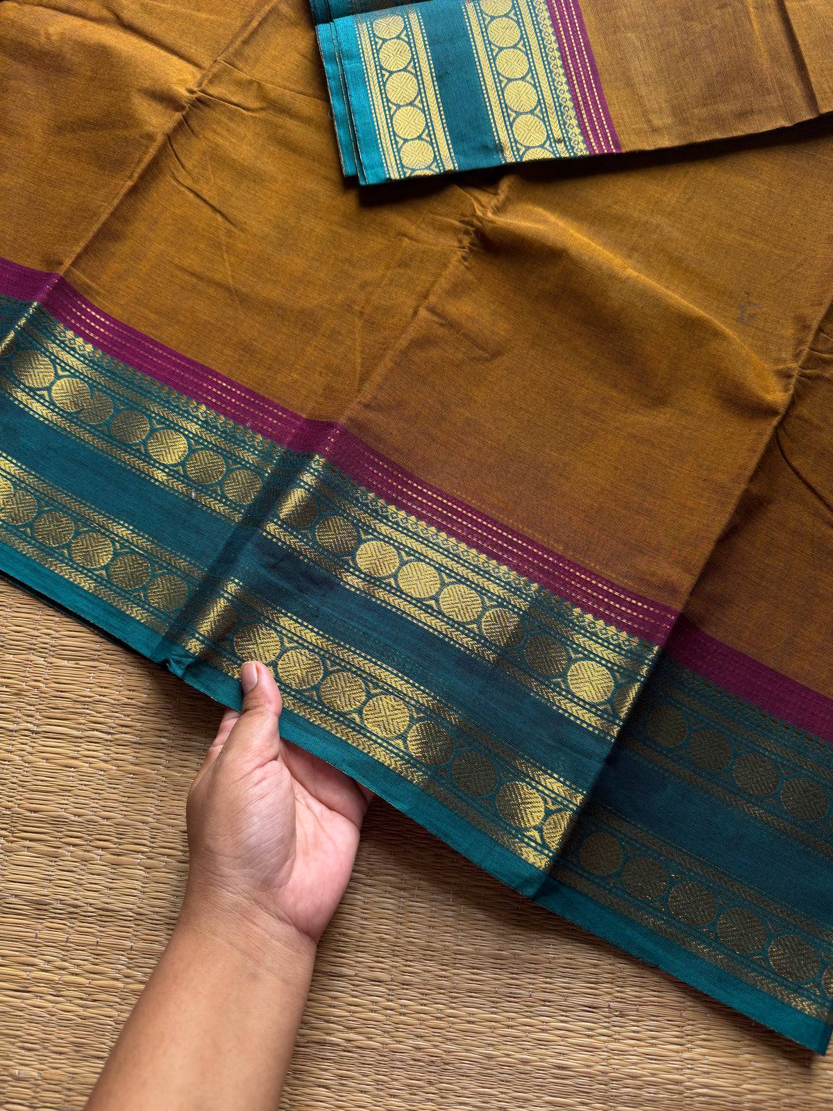 RF1245 Mustard with green combination Kanchi cotton saree