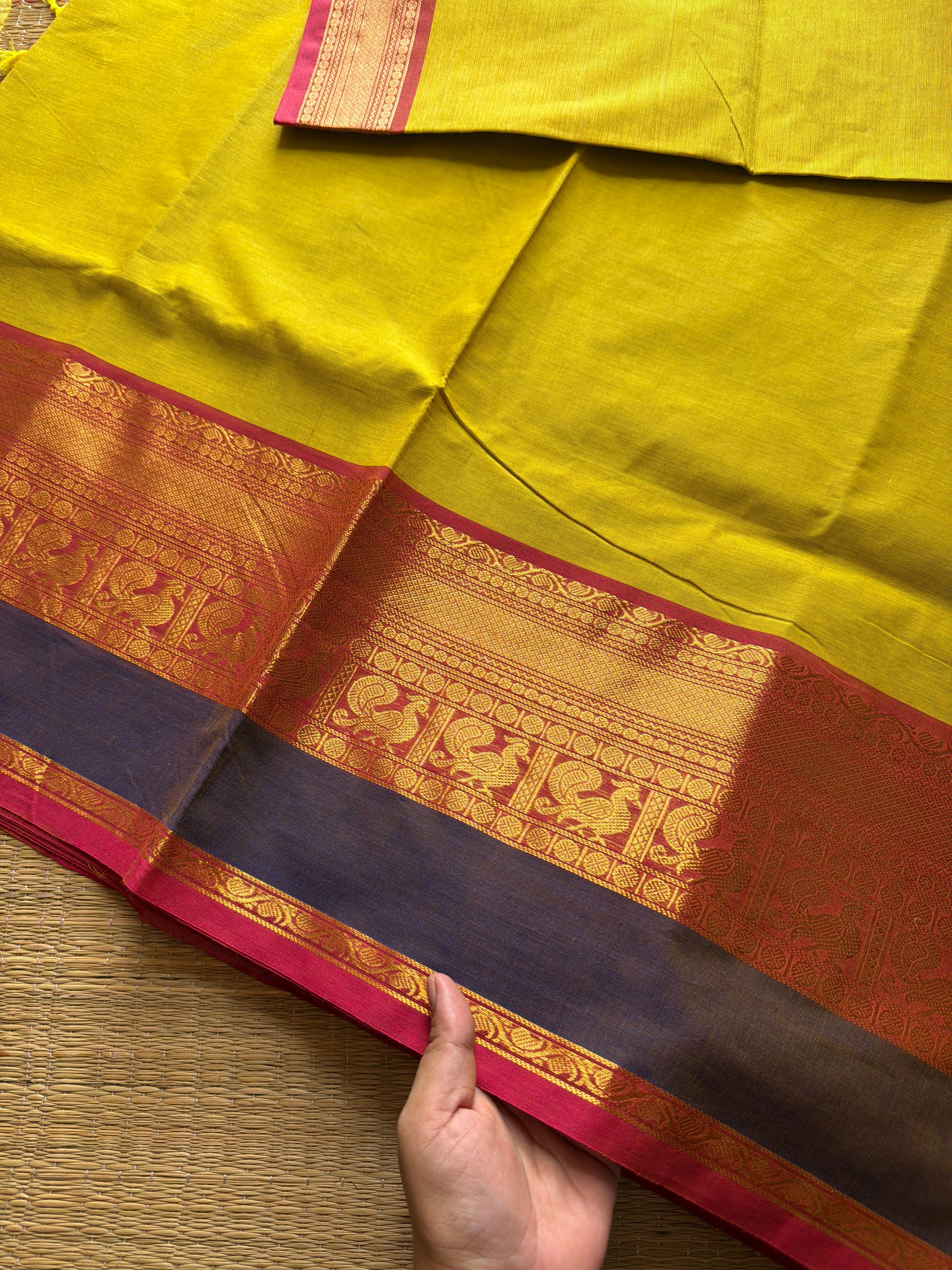 Mustard yellow shade Kanchi cotton saree with contrast big Zari border