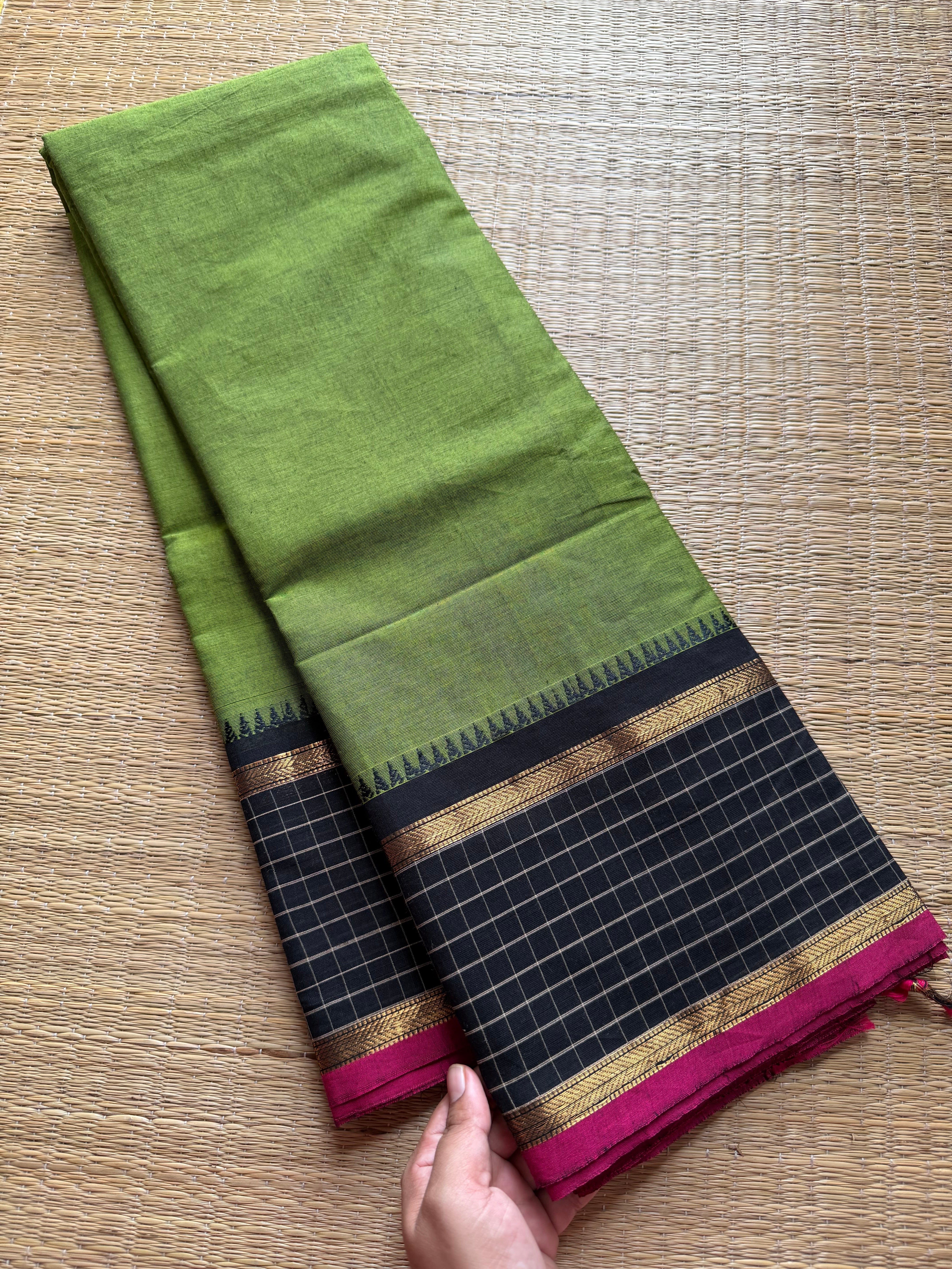 RF375 Green with black combination vintage border Kattam / checks pattern Kanchi cotton saree