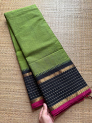 RF375 Green with black combination vintage border Kattam / checks pattern Kanchi cotton saree
