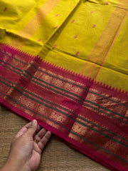 RF796 Mustard yellow with pinkish peach combination Kanchi cotton saree with handmade thread buttas