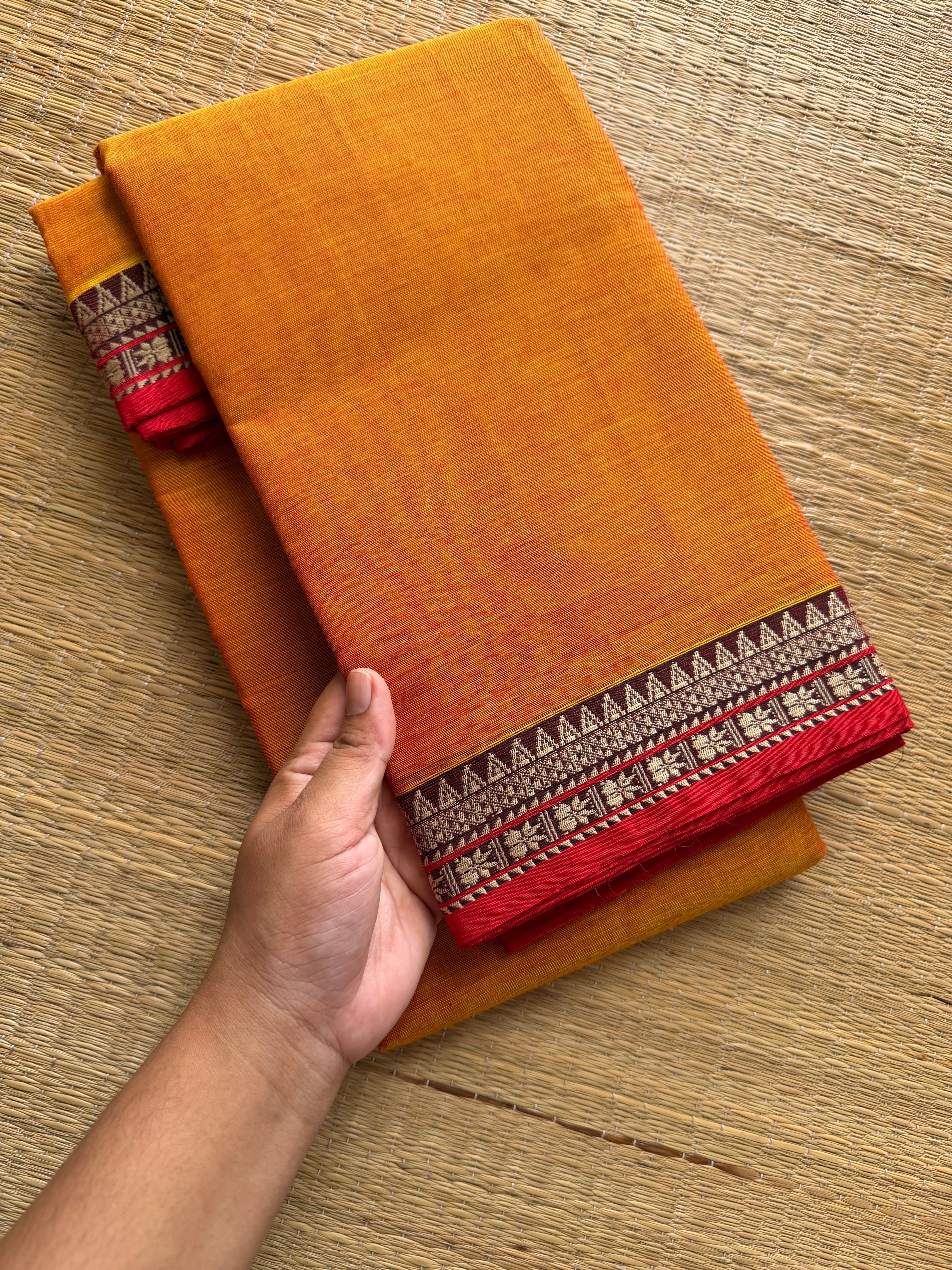 RF223 Orange shade Narayanpet Mercerised cotton saree with small contrast border