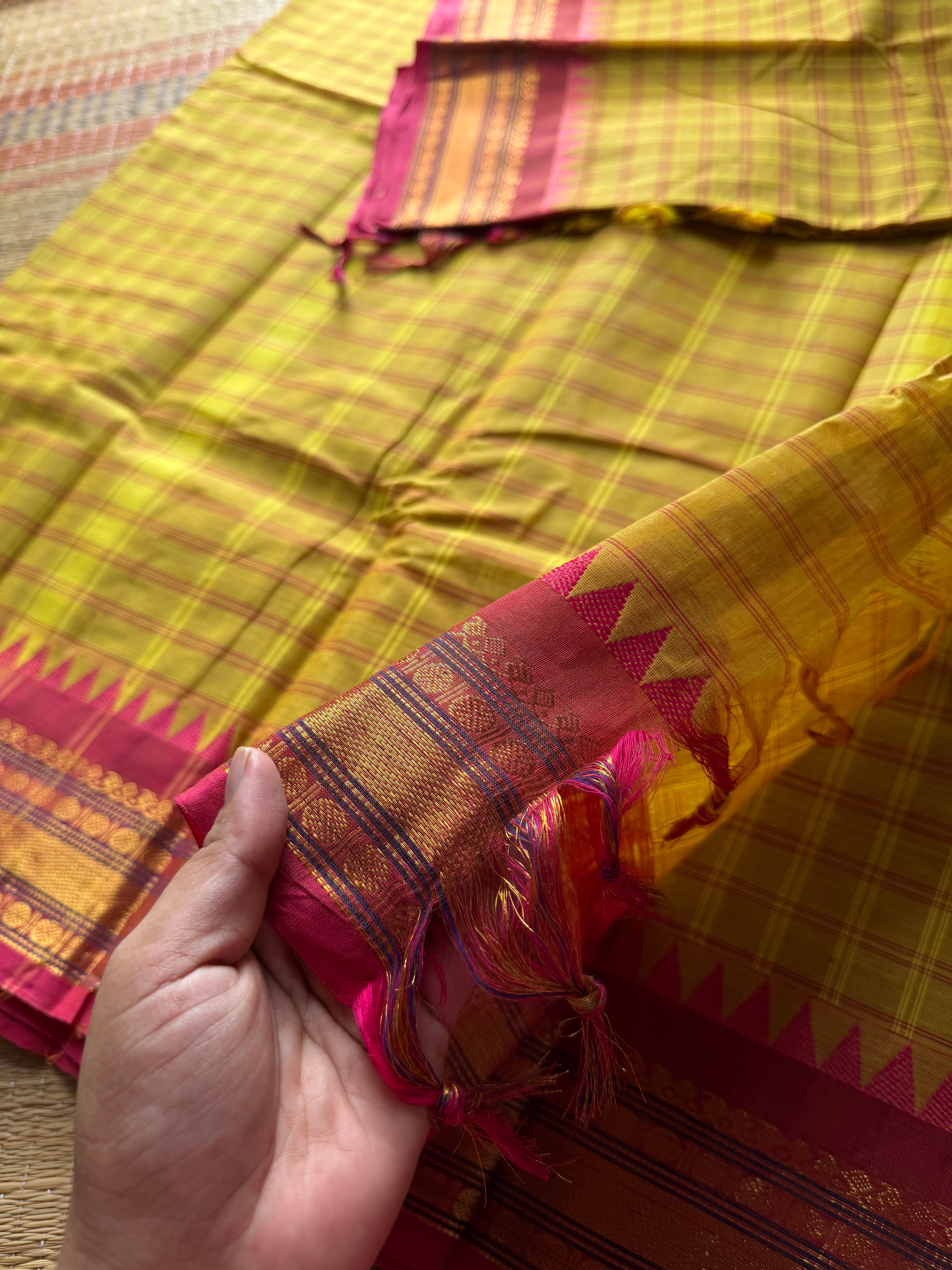 RF365 Yellow with pinkish peach combination Kattam / checks pattern Kanchi cotton saree