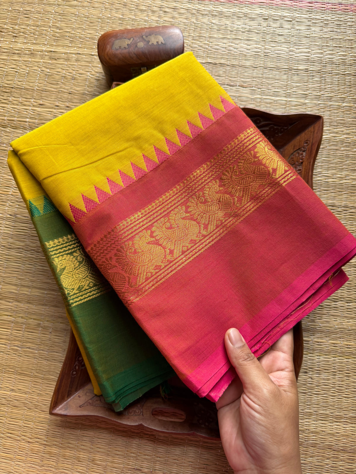 Lemon Yellow Ganga Jamuna Kanchi Cotton Saree