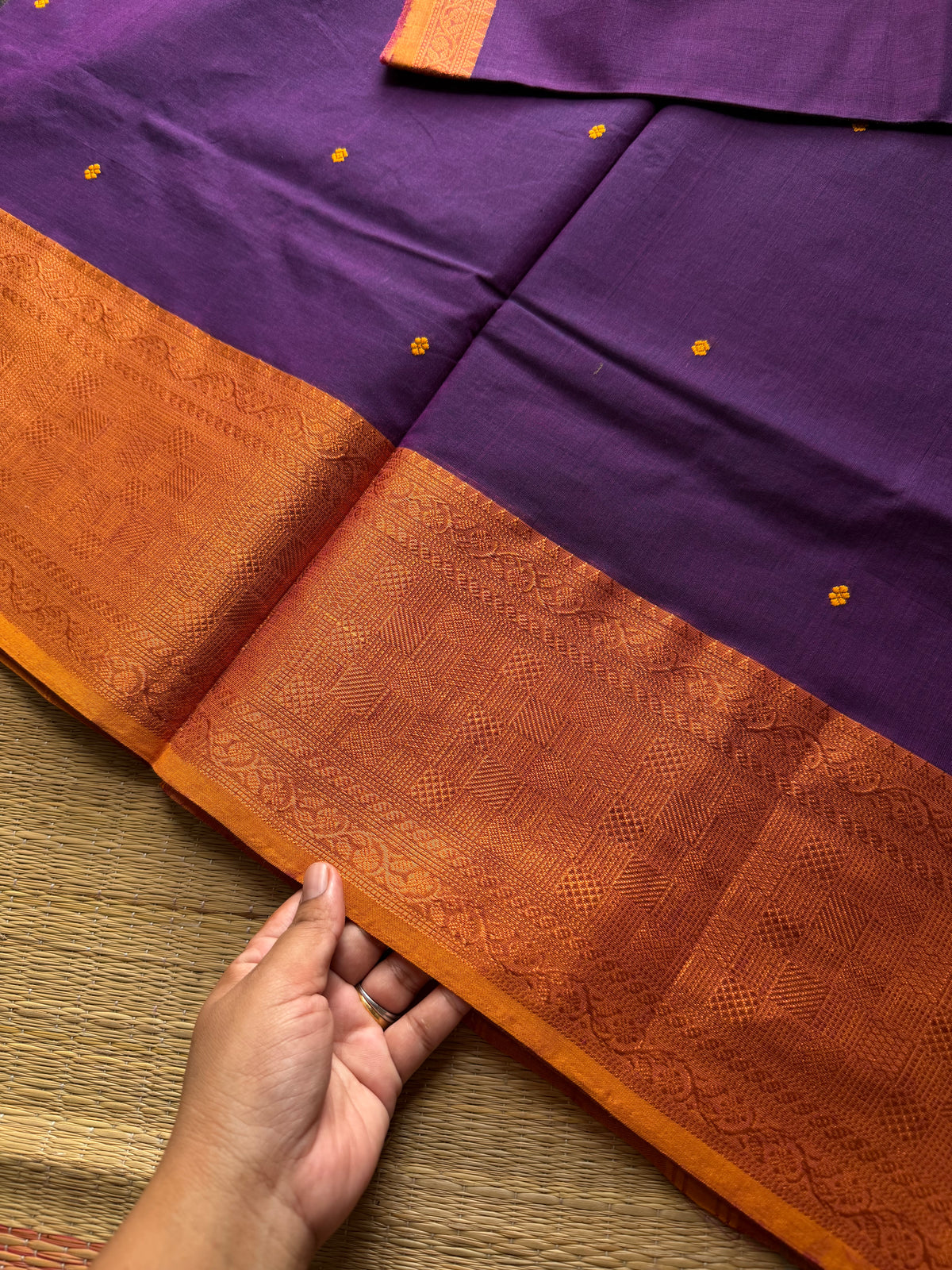 RF886 Copper Zari Kanchi cotton saree with handmade thread buttas ~ Purple