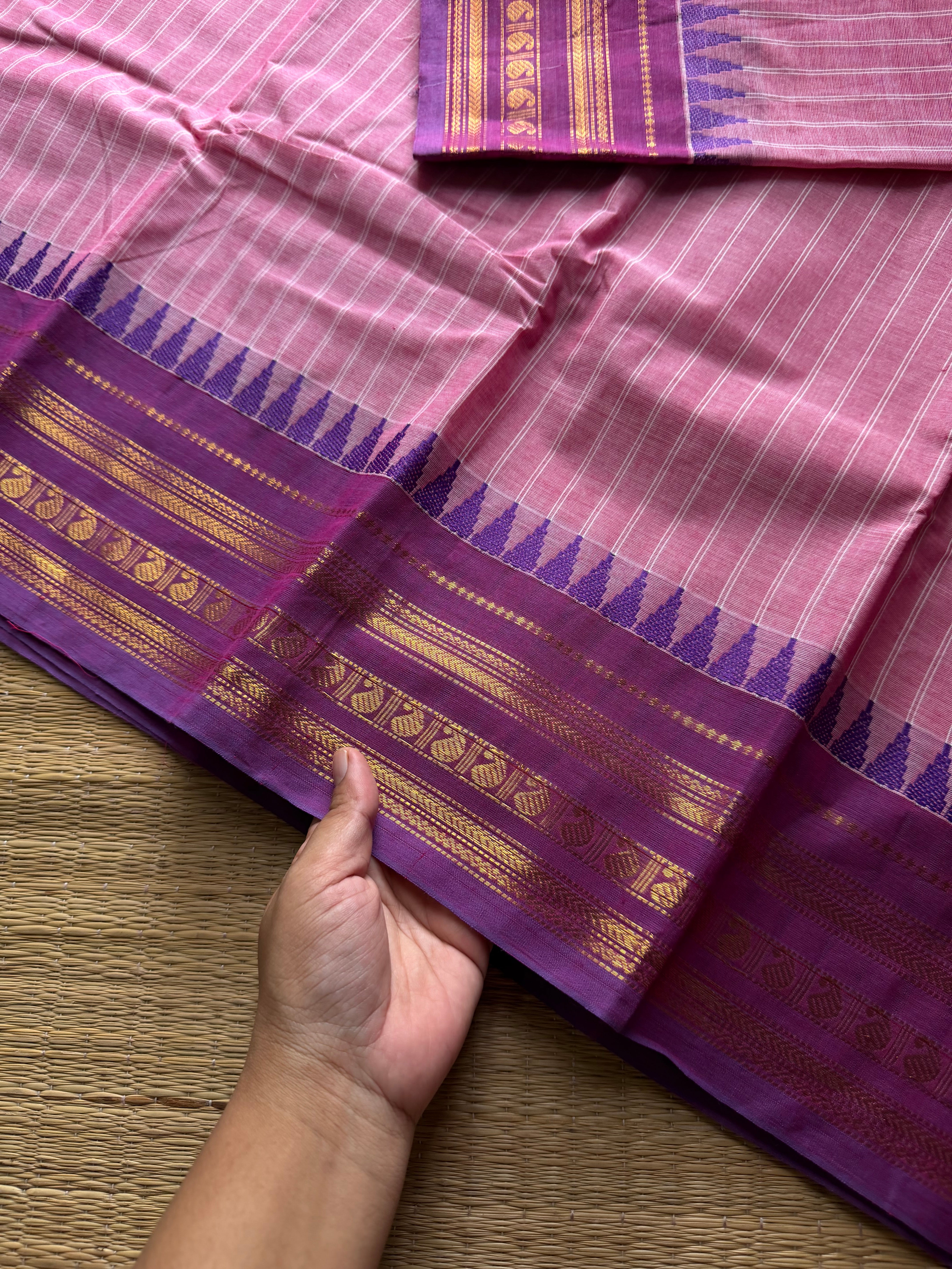 RF1257 Pastel baby pink ~ Kanchi cotton saree with vertical stripped lines pattern